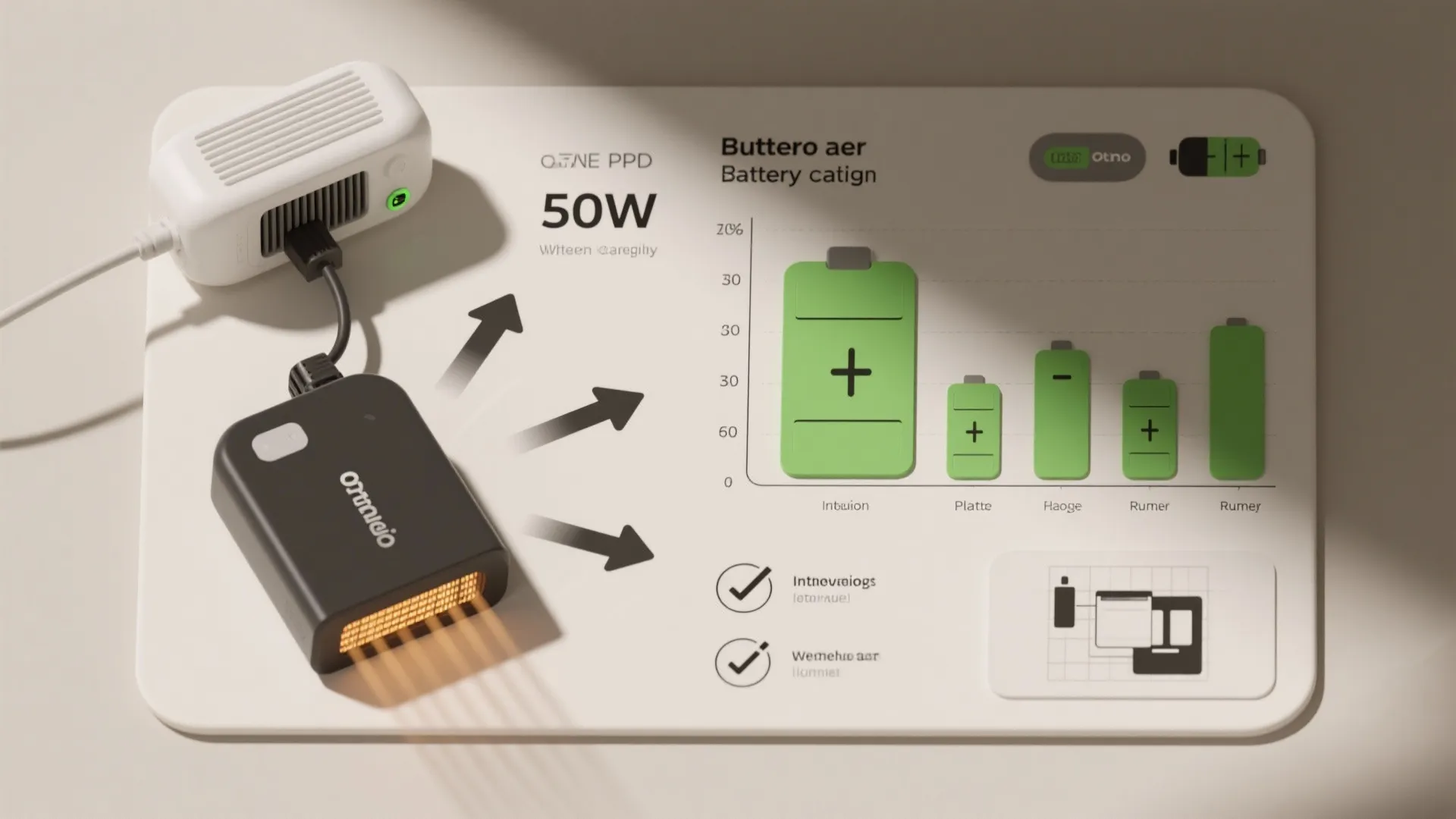Infographic showing battery charging performance and power output for a portable 50W electric space heater