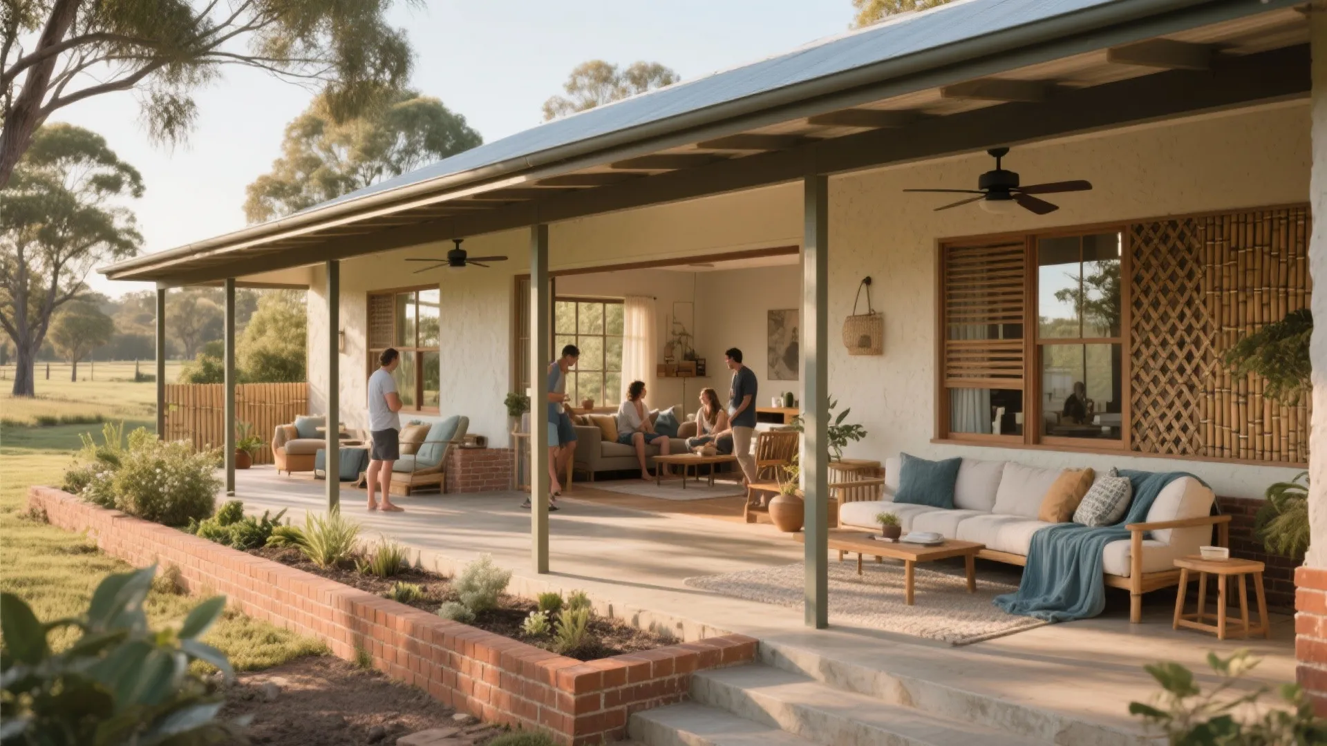 People relaxing on large outdoor porch featuring white walls, wooden furniture, and green lawn view