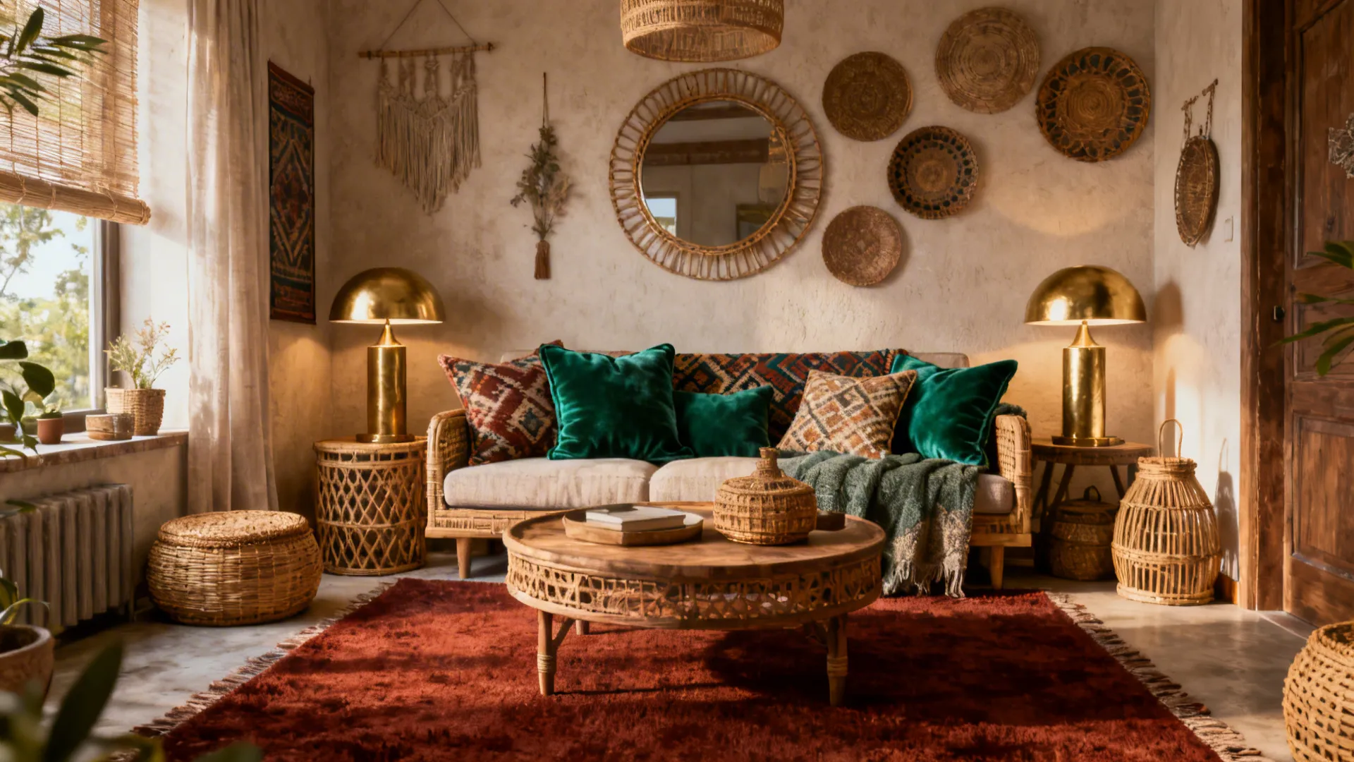 Boho-style living room with a rust rug, emerald cushions and brass lamps for a layered look.