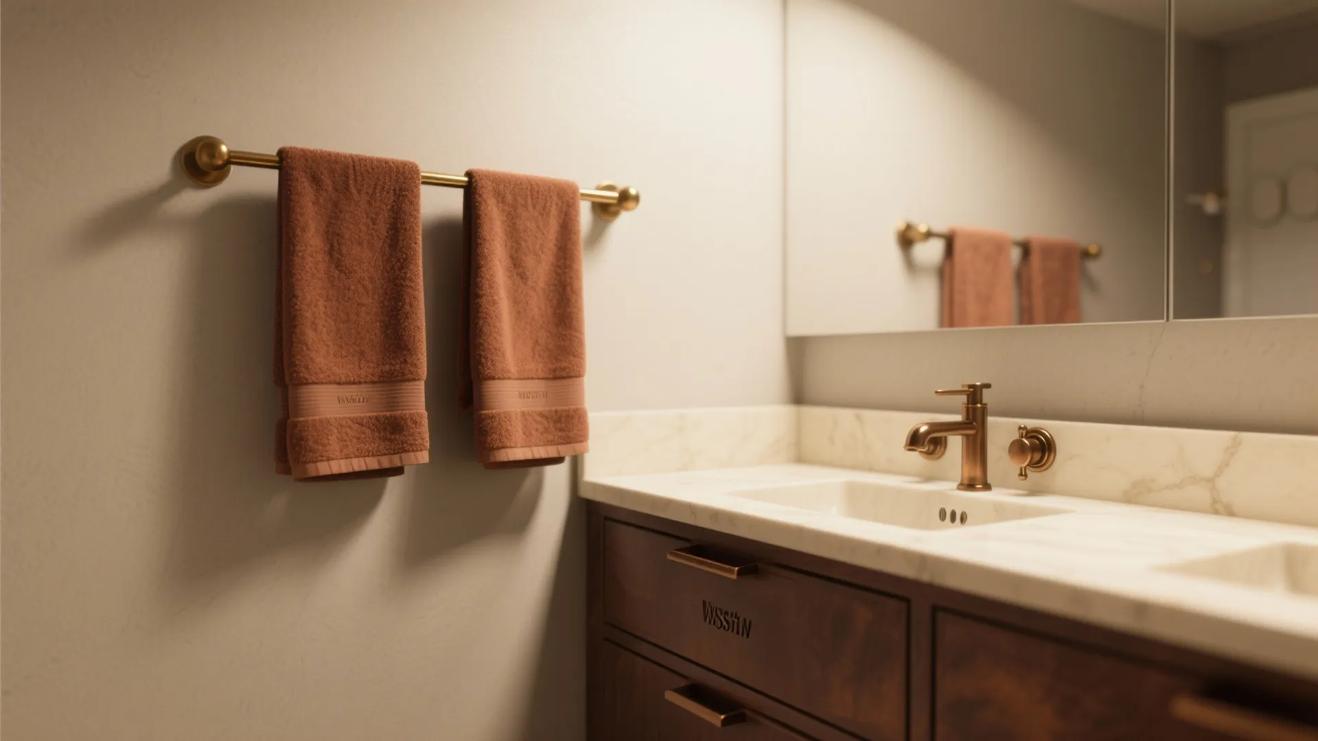 Modern bathroom vanity featuring a white sink gold water tap dark wood cabinet and towels
