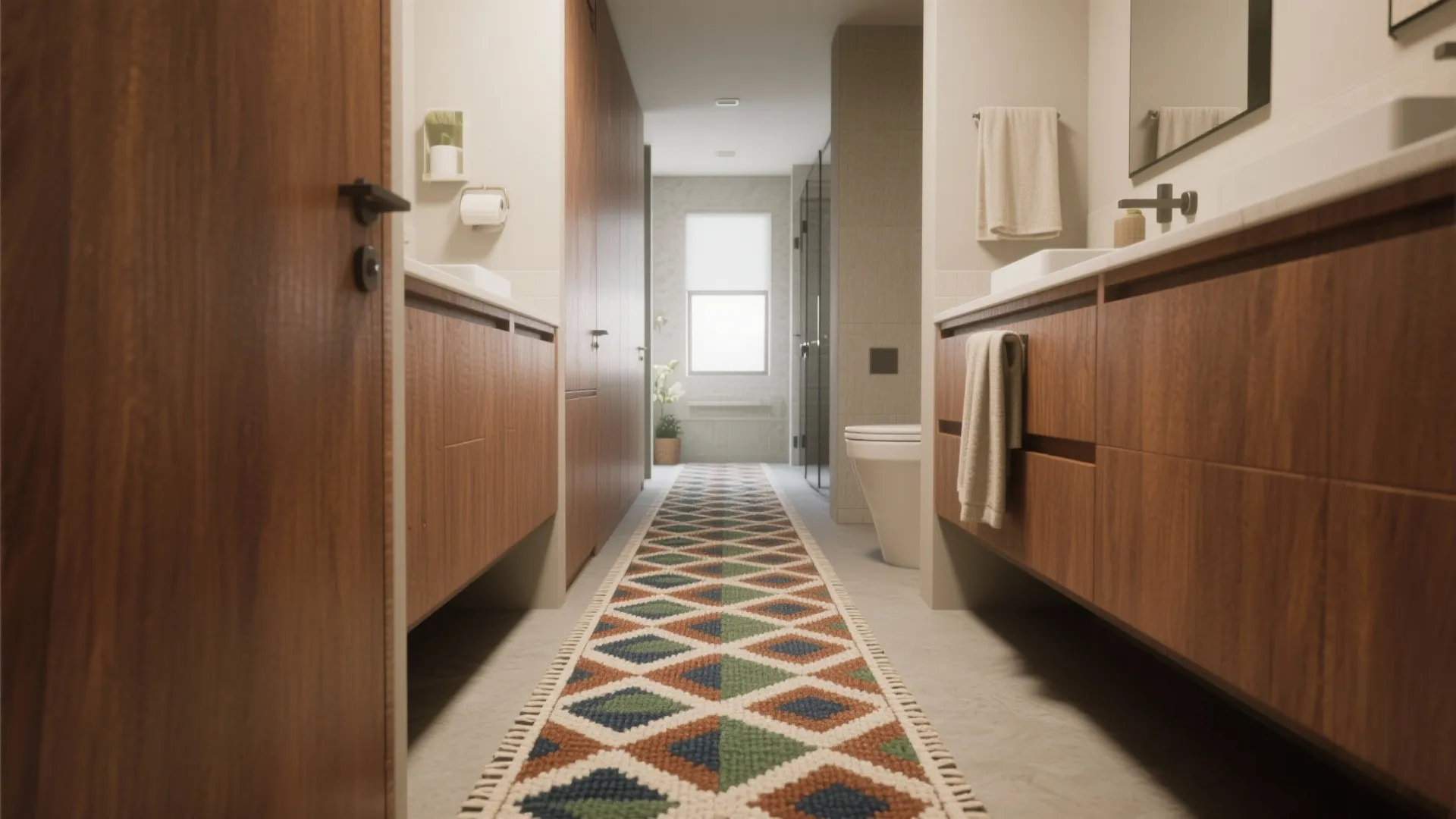 Narrow bathroom with rust and cream geometric runner tying cabinetry and towels