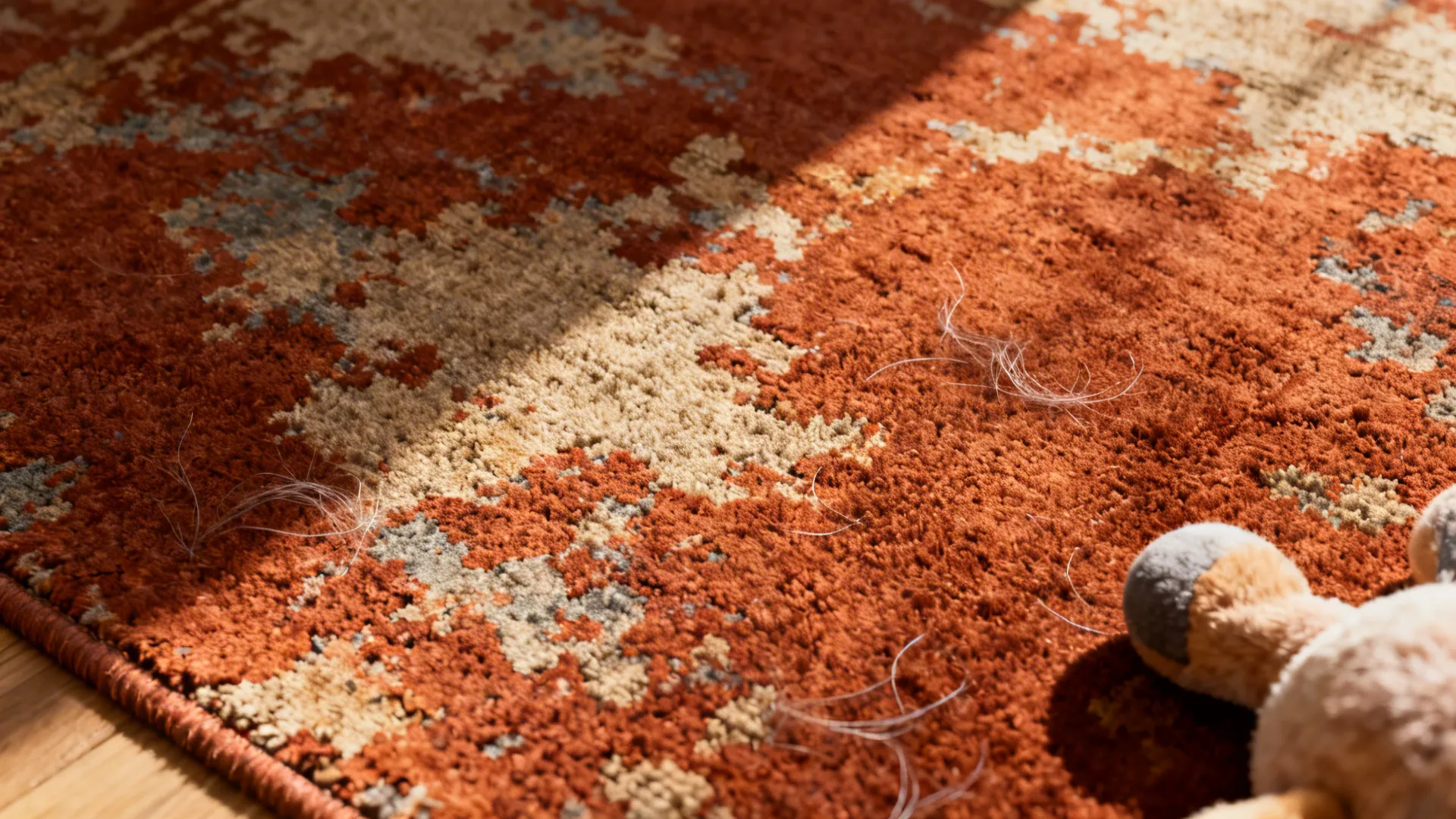Close-up of a distressed rust rug showing faded dyes and textured fibers, pet-friendly look.