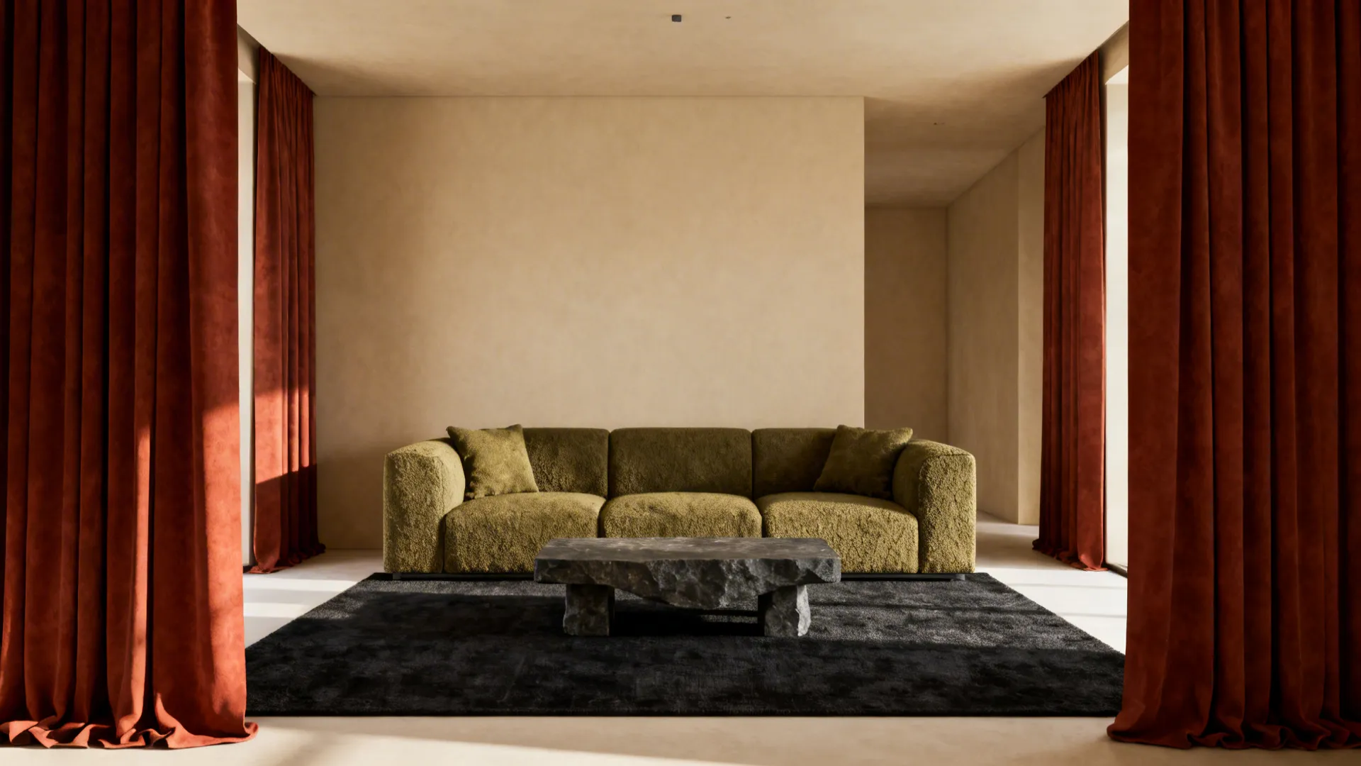 Small living room with rust curtains, olive sofa, beige walls and stone coffee table.