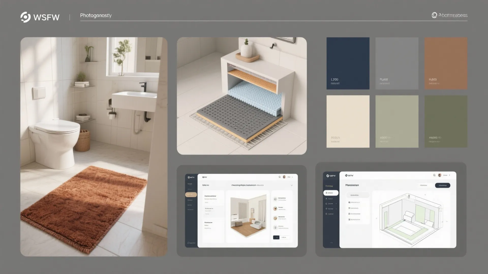 Composite FAQ image showing rug placement, non-slip pad, palette swatches and planner mockup