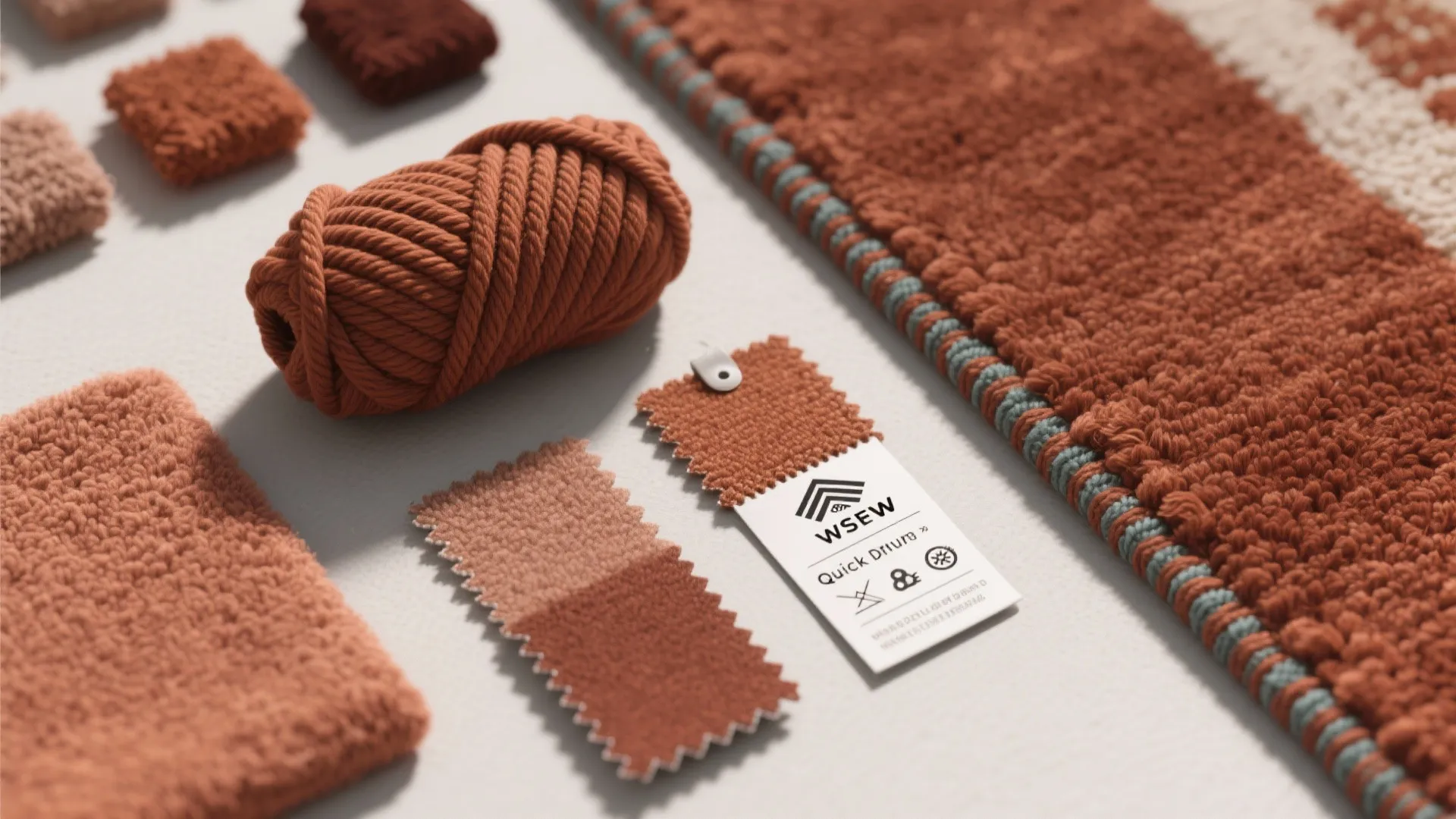 Swatches of synthetic rust yarns, contrast border sample and care tag for bathroom rugs