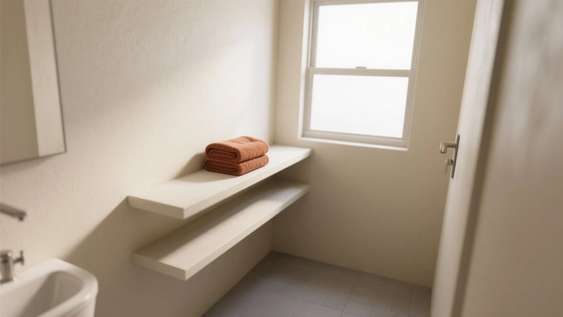 Neutral bathroom nook with two white wall shelves holding folded rust towels near a window