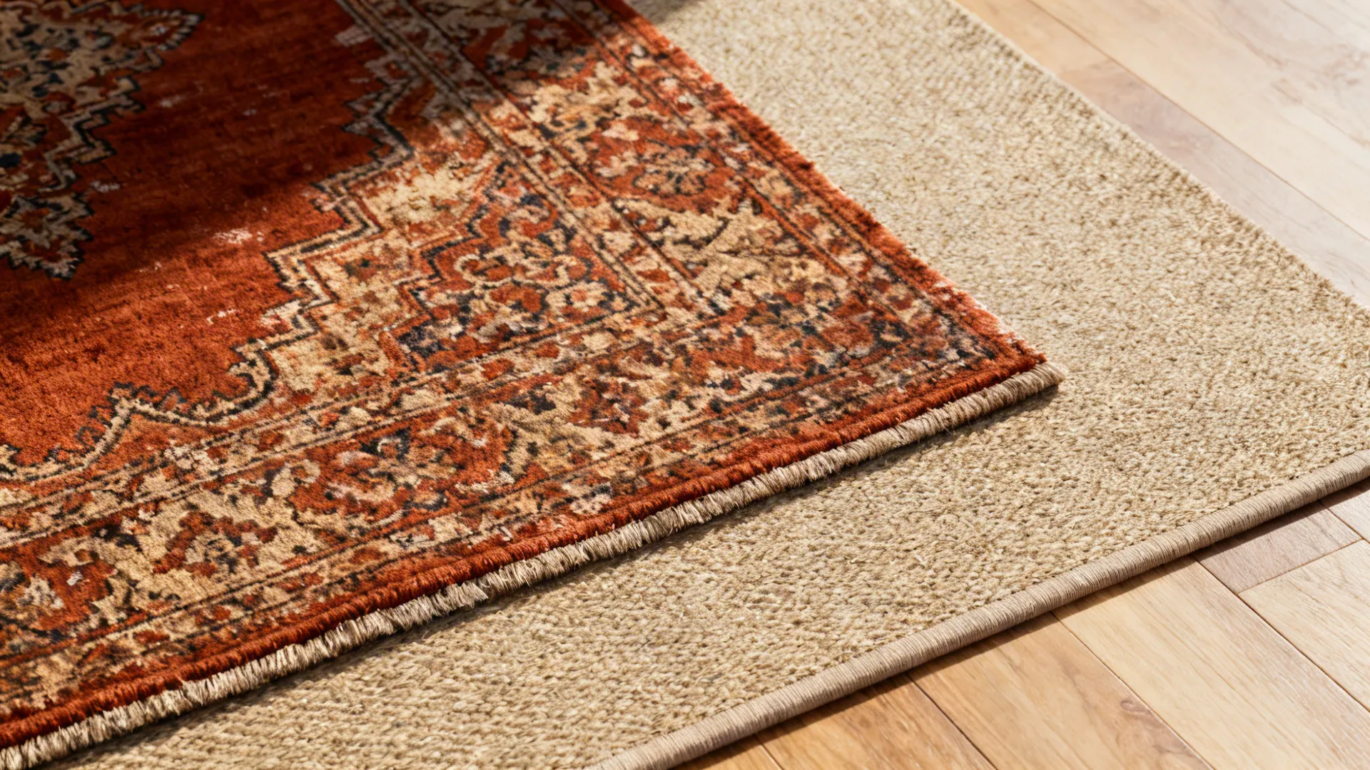 Top-down view of a rust Persian rug layered over a neutral jute rug with visible rug pad.