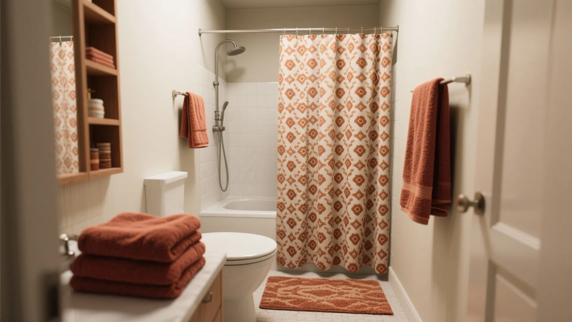 Bathroom showing white toilet bathtub patterned orange shower curtain rust towels and a small mat