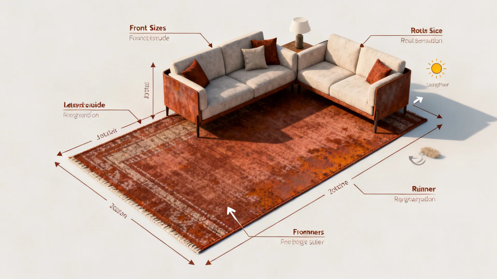 Top-down layout guide showing rug sizing and placement tips for small living rooms.