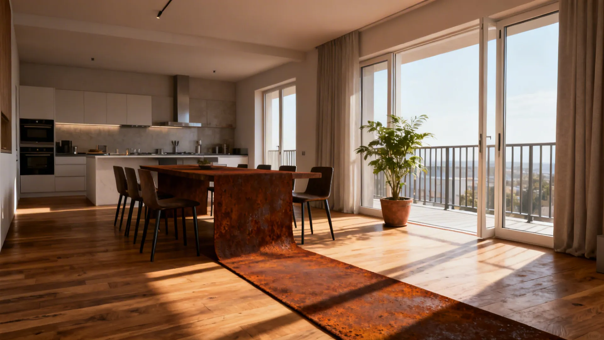 Open-plan flat with a rust runner anchoring the seating area between kitchen and balcony.