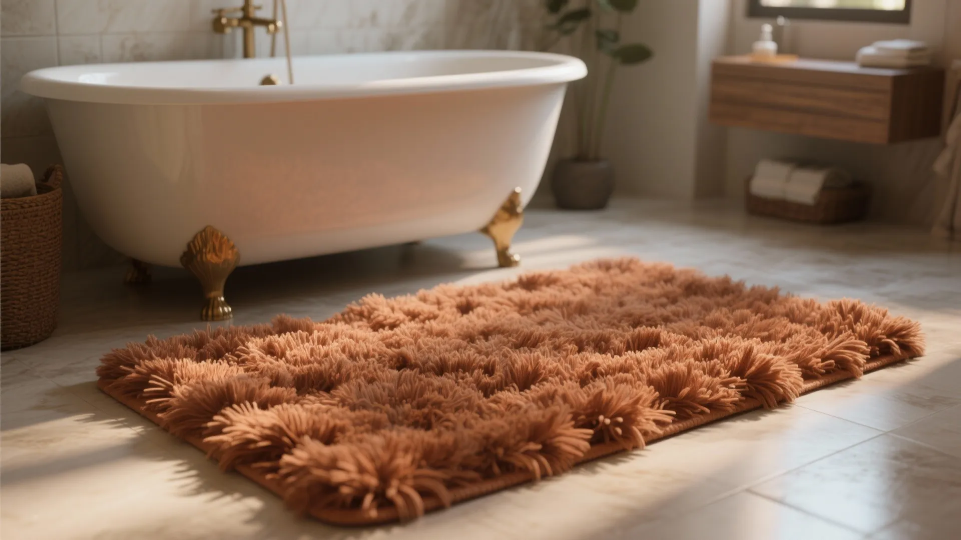 Plush rust shag rug in front of a freestanding tub for a spa-like bathroom feel