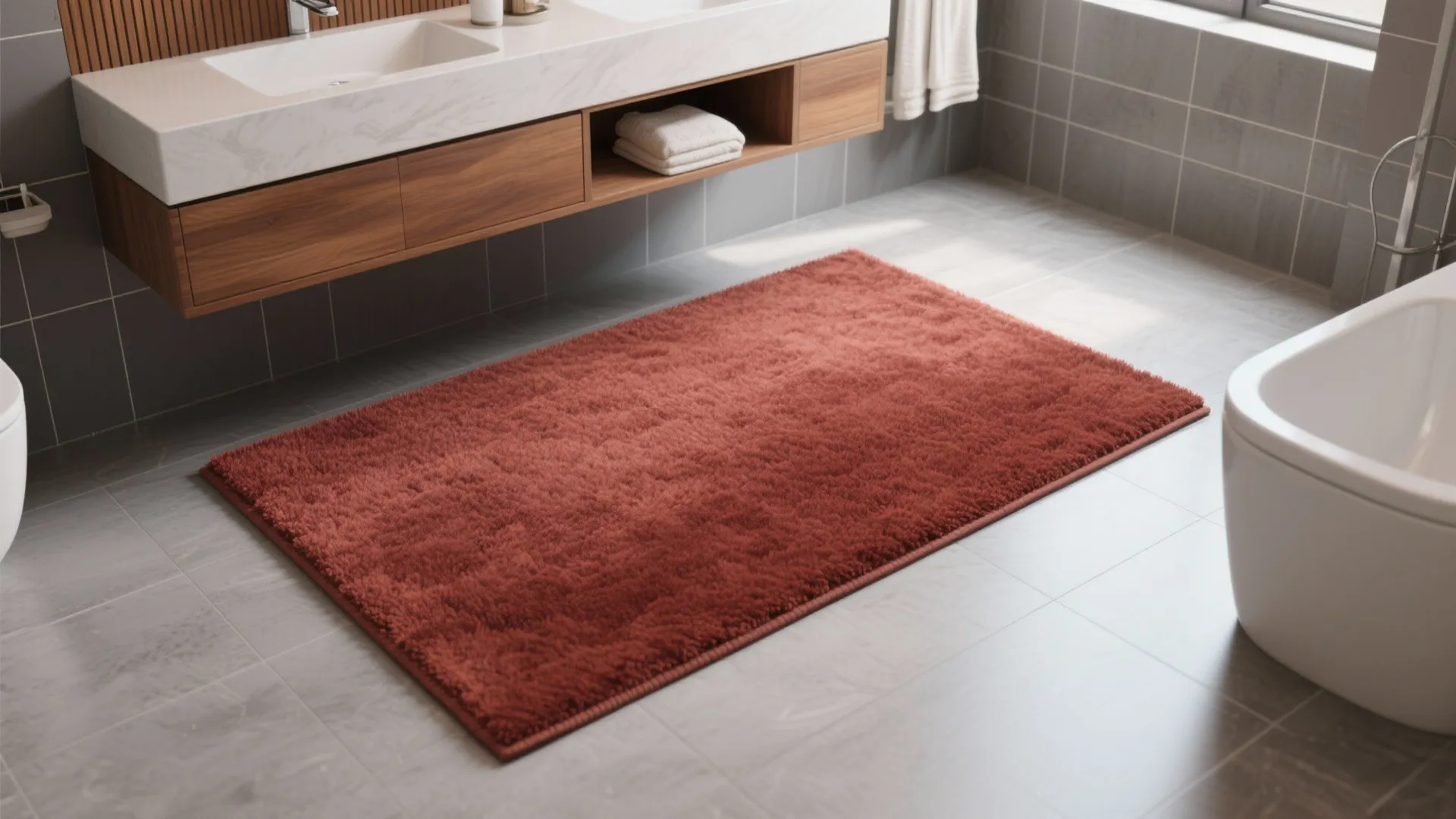 1. Single-tone rust bath rug for warmth