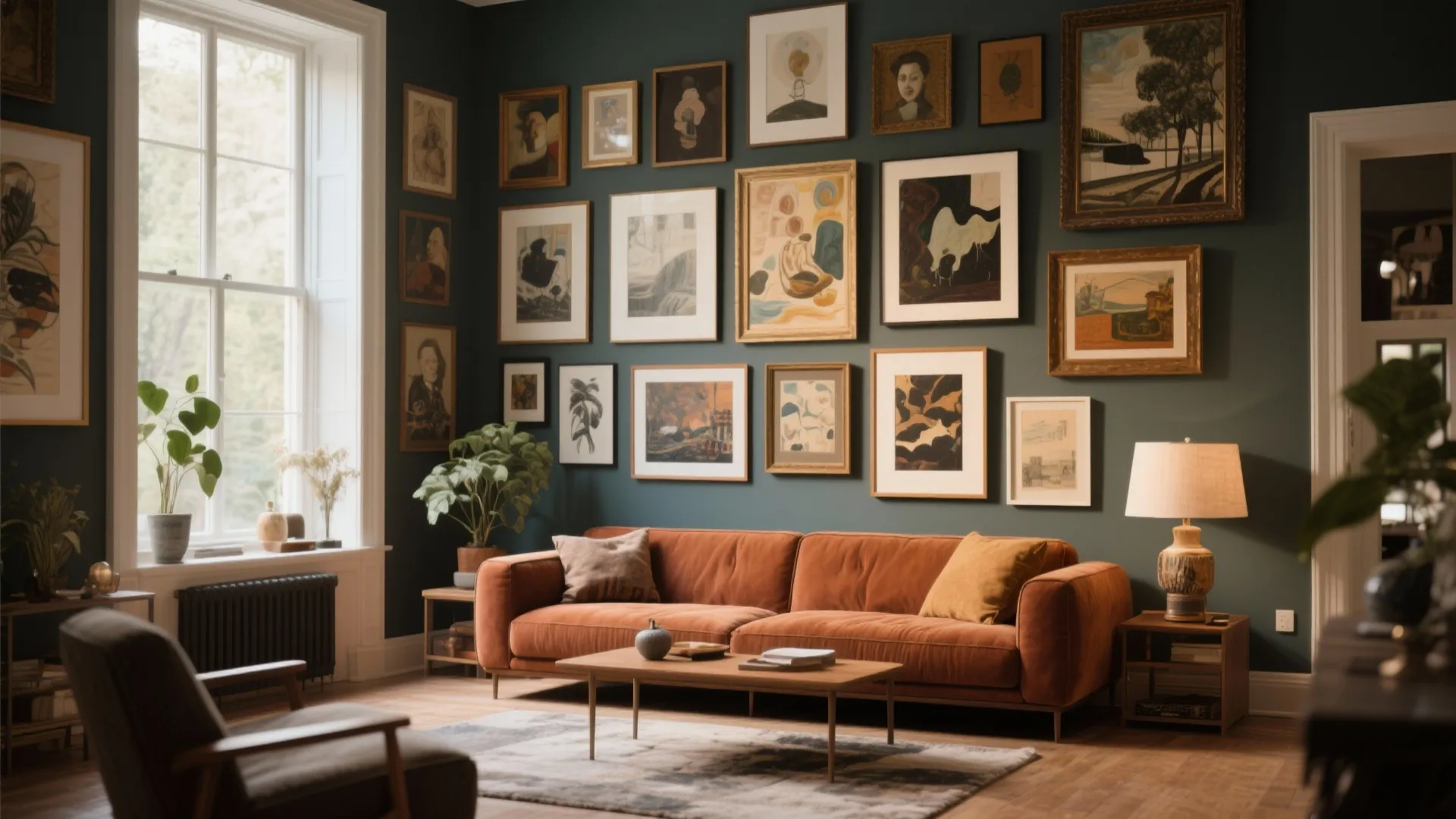 Rust sofa with assorted framed art above in cozy living room