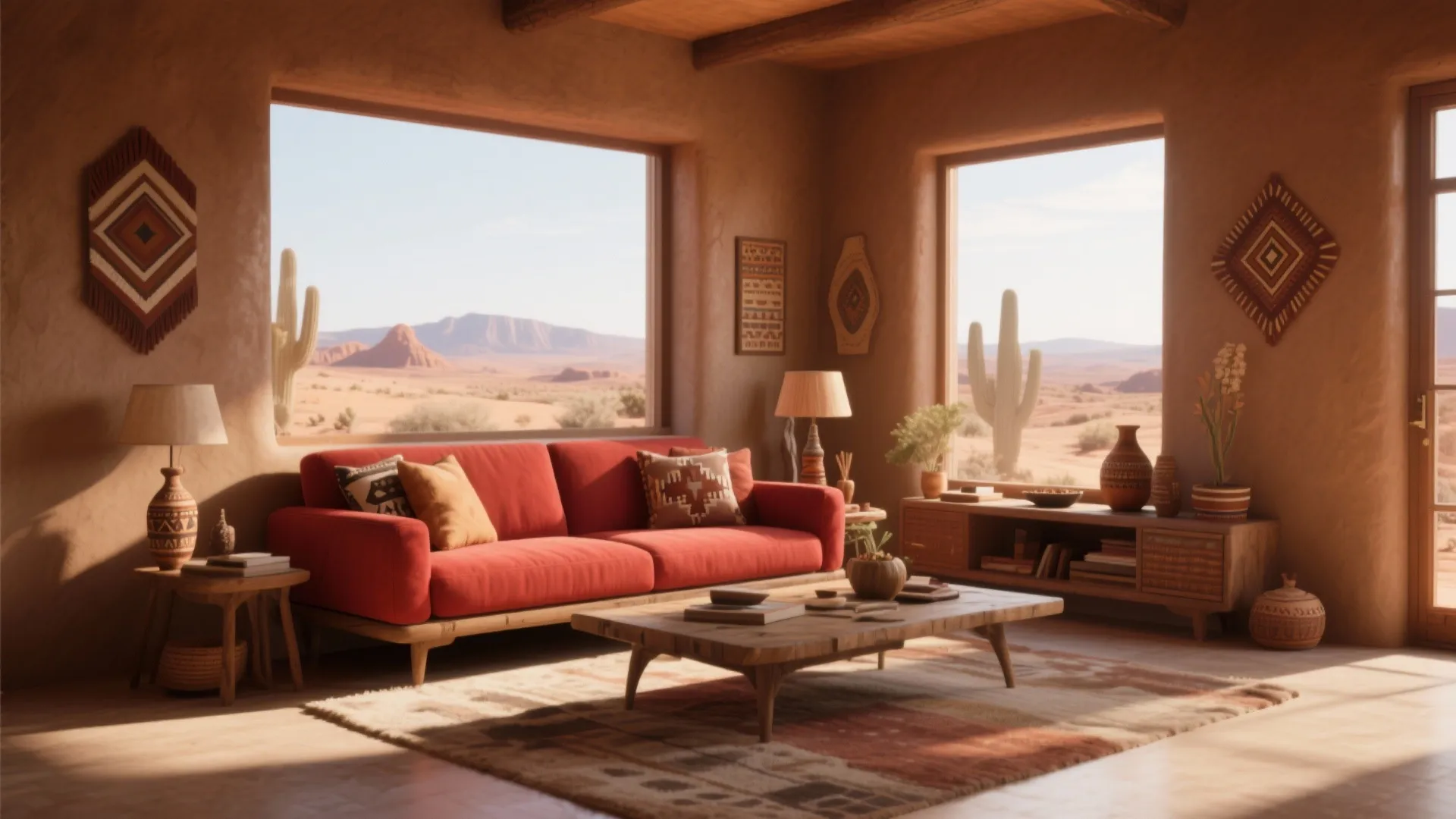 Rust red sofa against camel brown walls in cozy living room