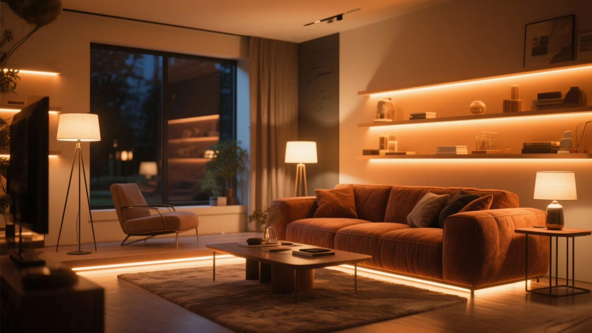 Rust sofa glowing under layered warm lighting