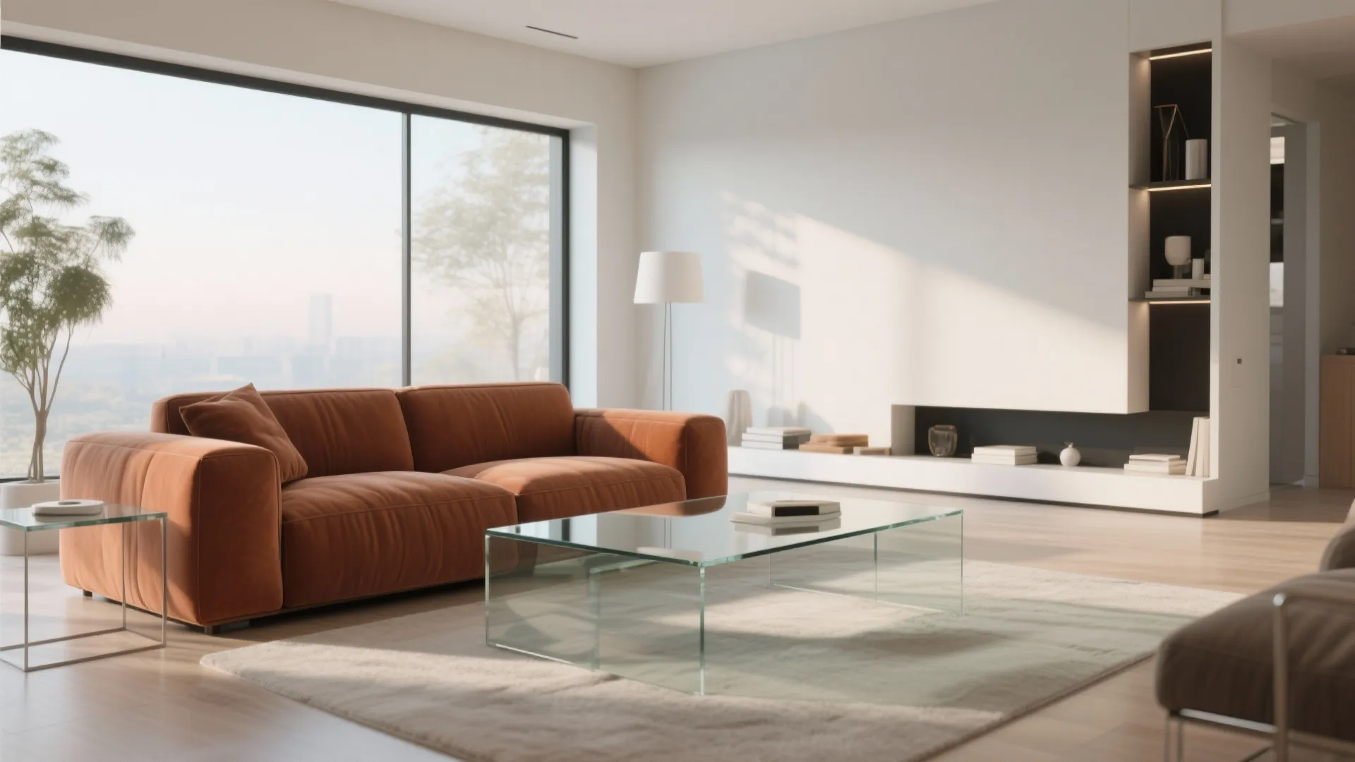 Rust sofa with glass coffee table in modern living room