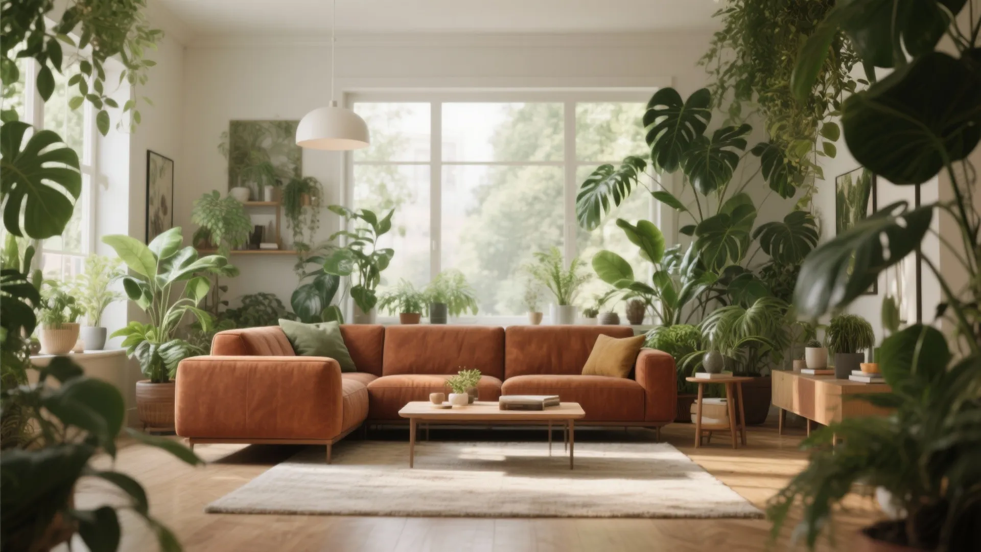 Rust sofa with surrounding indoor plants in bright living room