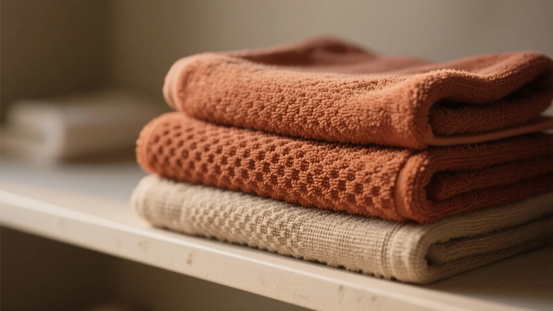 Close up of folded orange and cream bathroom towels stacked neatly on a white shelf