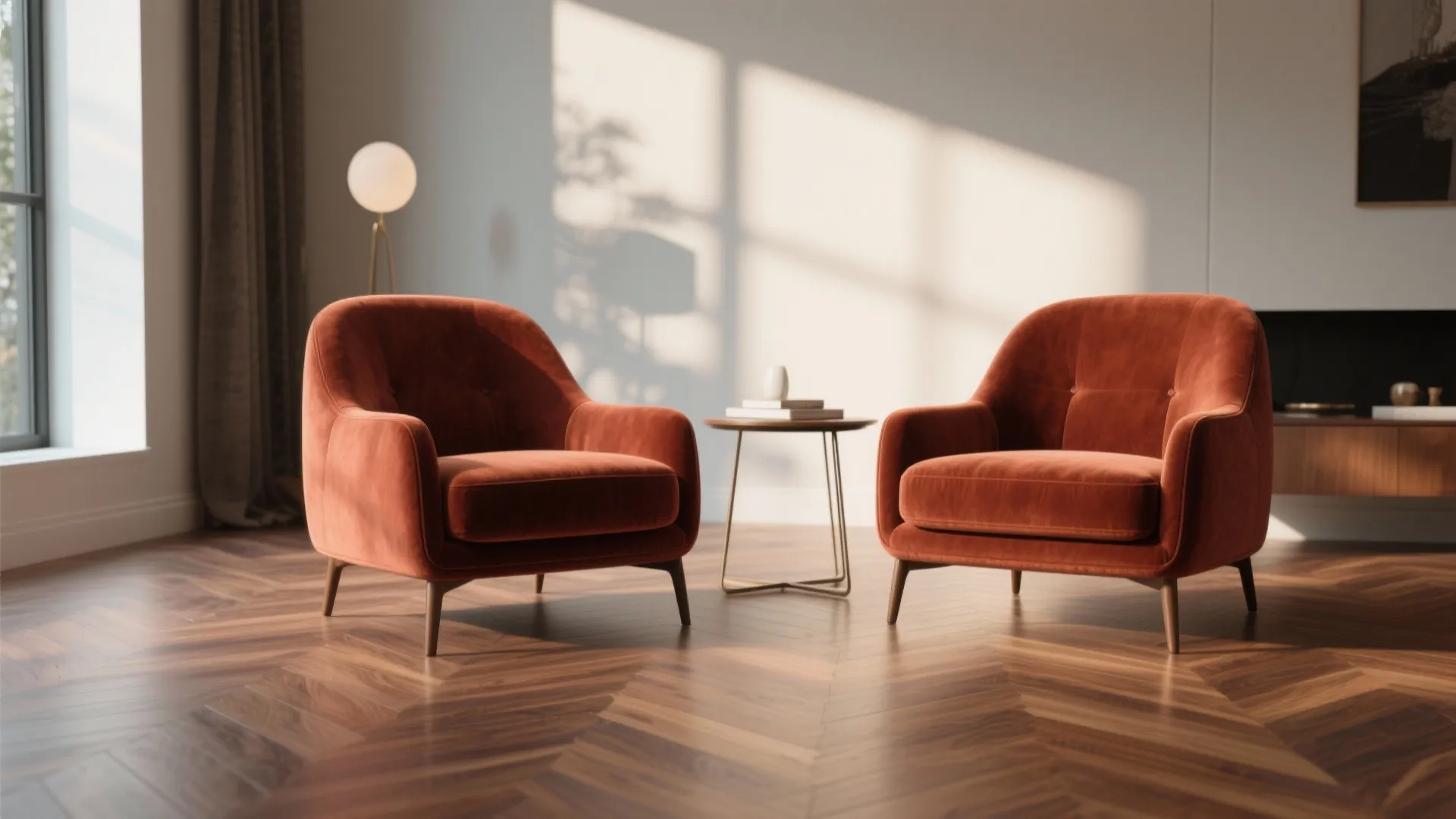 Two orange velvet chairs on a wooden floor with a small table and natural sunlight