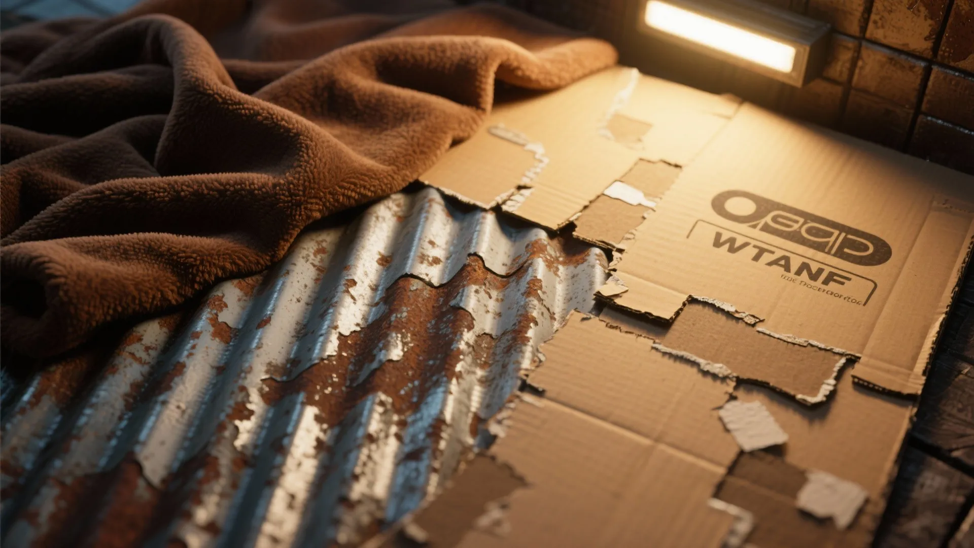 Rusted metal sheet and brown blanket placed on top of cardboard boxes under warm light