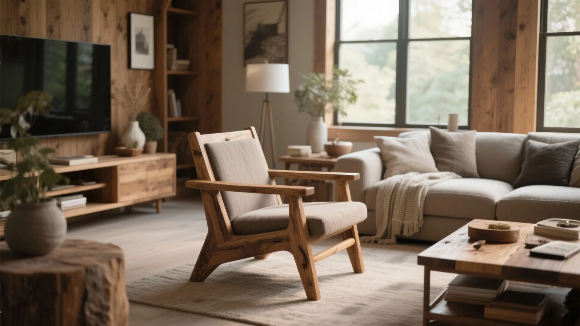Rustic living room with a wooden armchair large sofa coffee table and wood wall panel design
