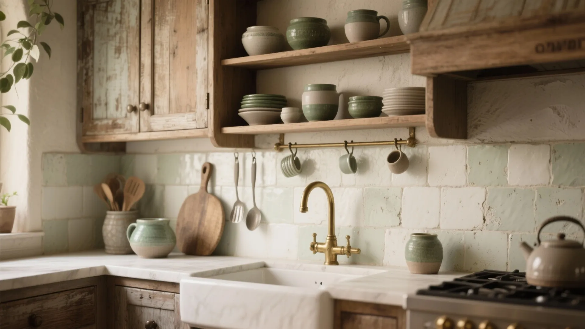 5. Rustic Cabinetry and Limewashed Backsplashes