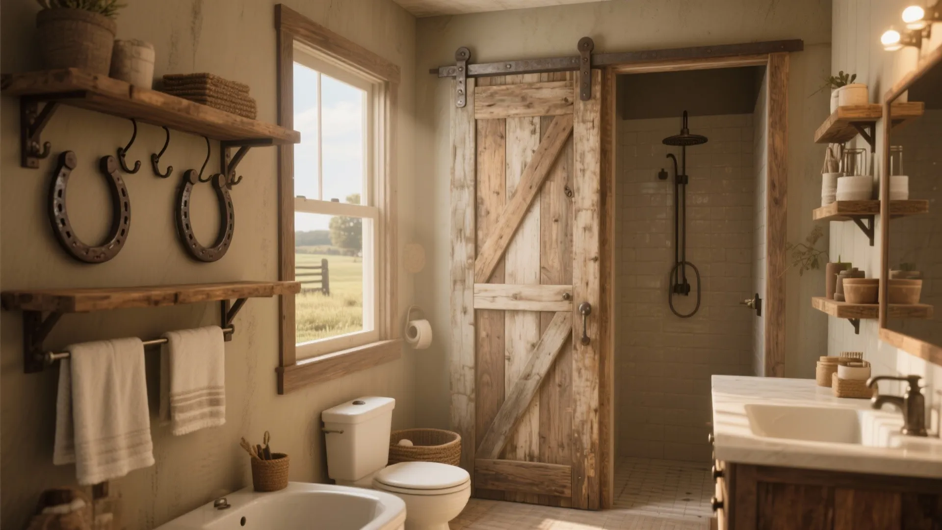 Rustic bathroom featuring wooden barn door sliding open to shower toilet and horseshoe wall decor