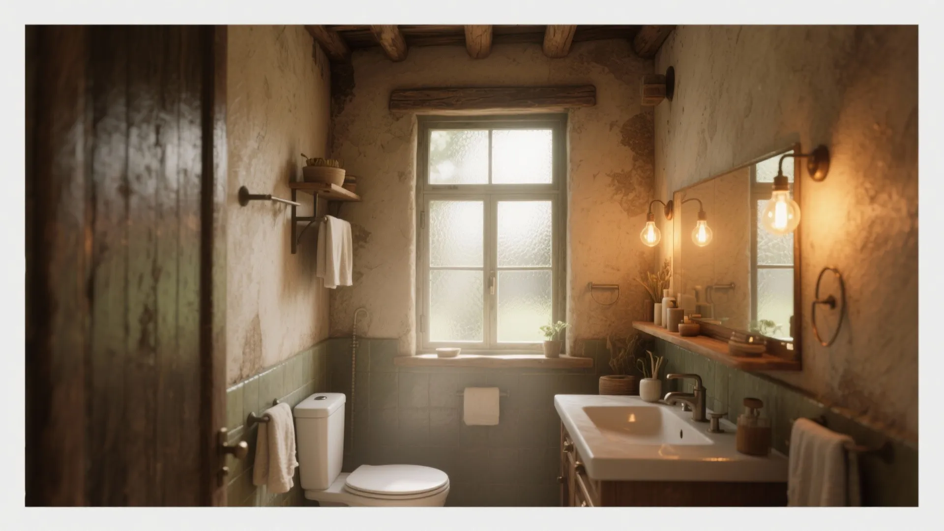 Rustic bathroom with frosted window and warm LED lighting