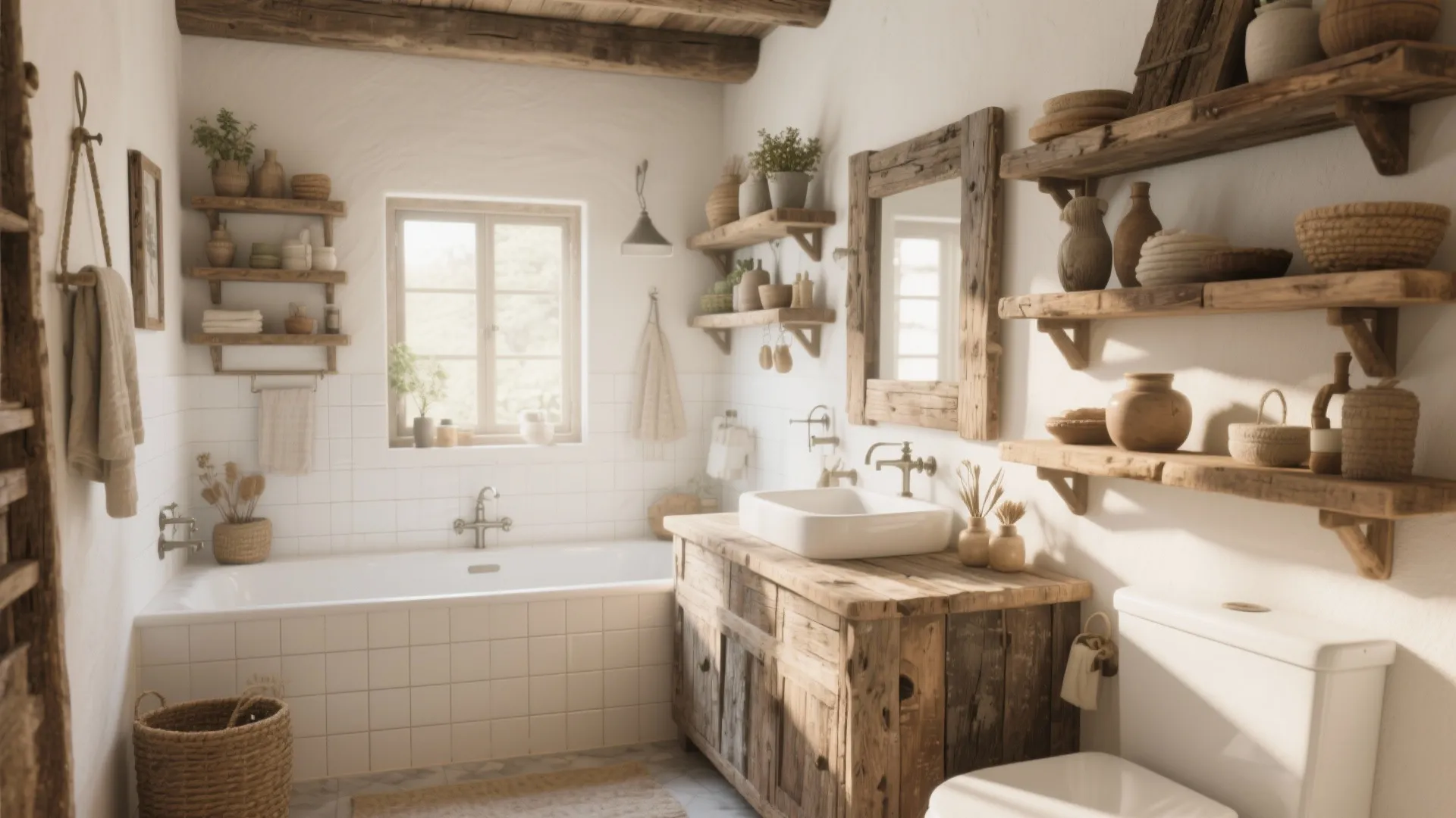 Rustic bathroom featuring wooden cabinet white bathtub sink multiple wall shelves and bright window lighting