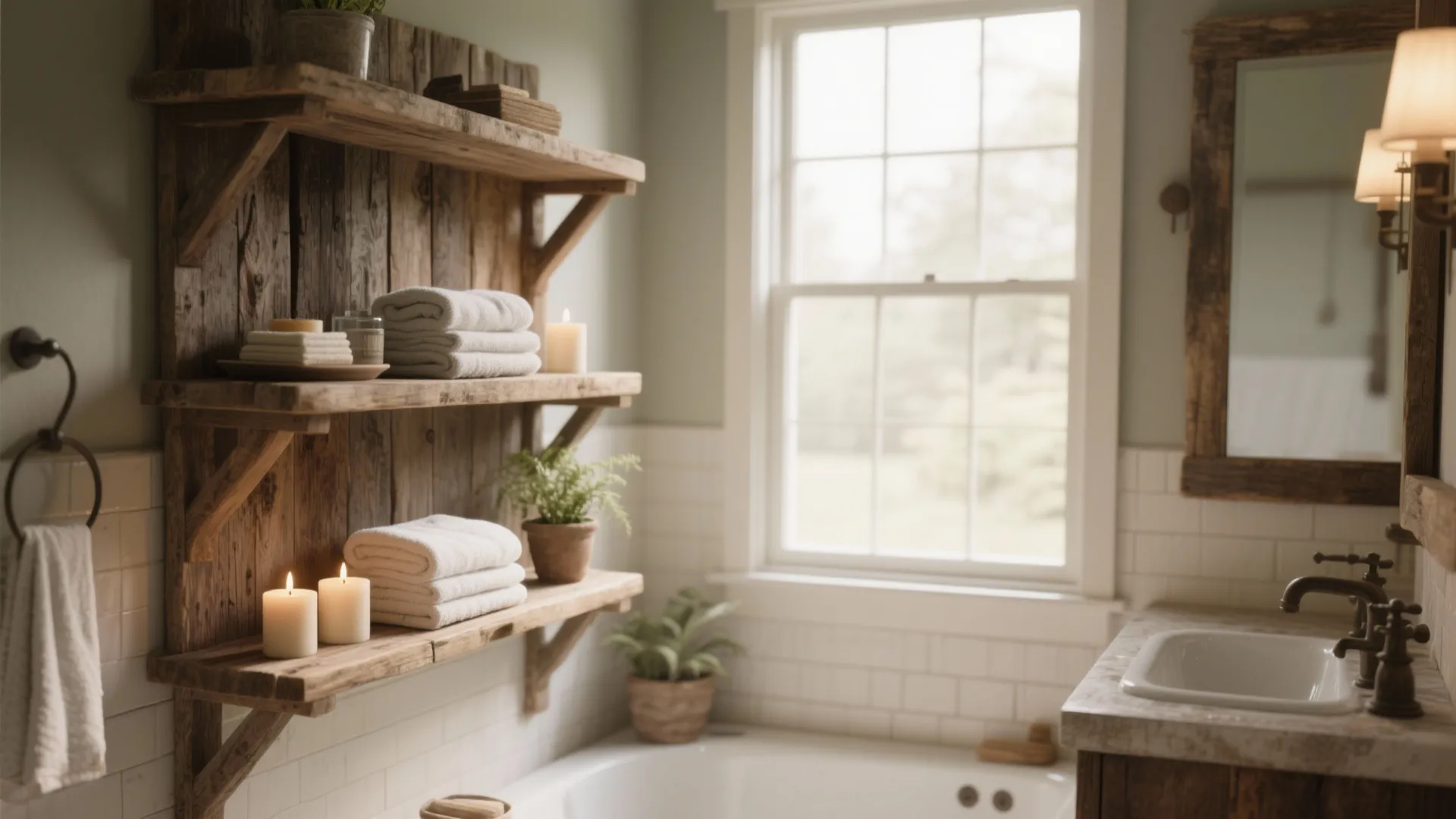 Rustic wooden wall shelves in bathroom with folded towels candles green plants and white subway tiles