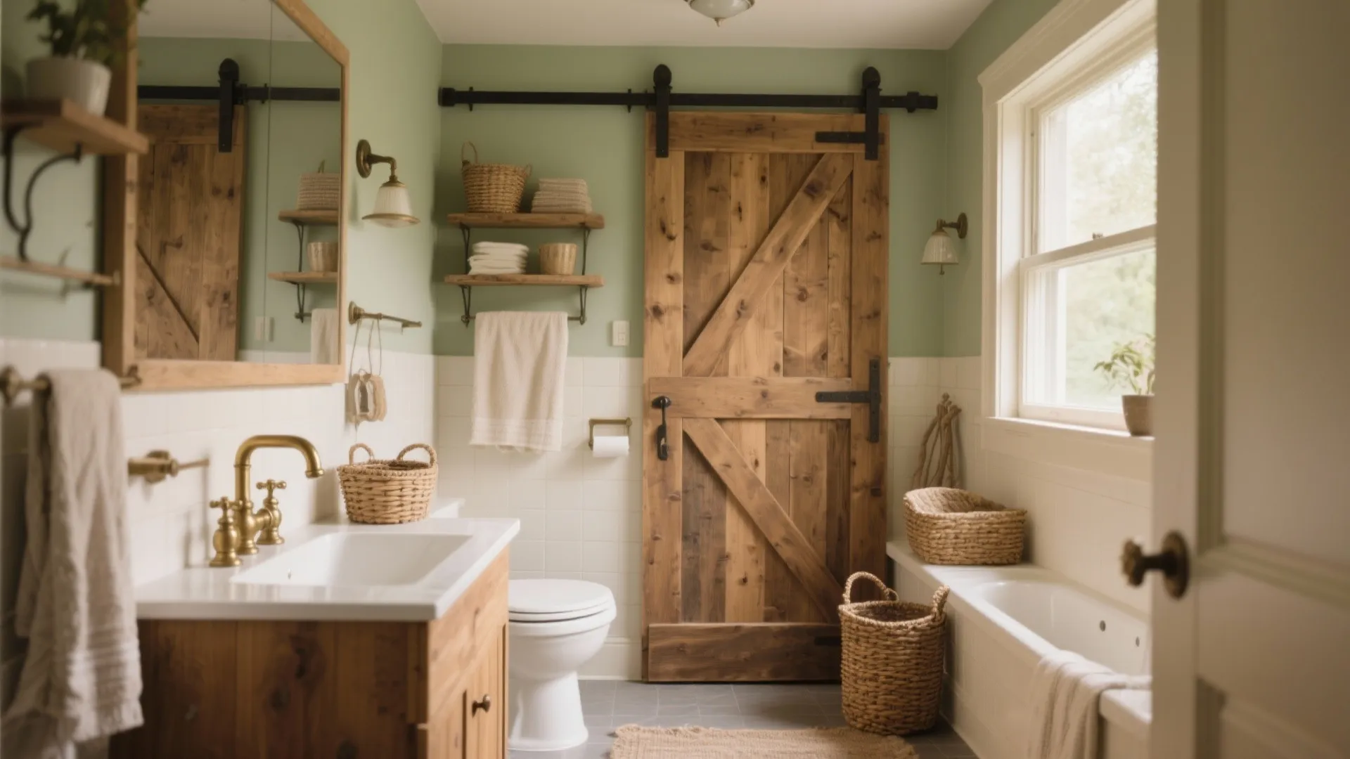 Small green bathroom with wooden sliding door white sink cabinet bathtub and several woven storage baskets