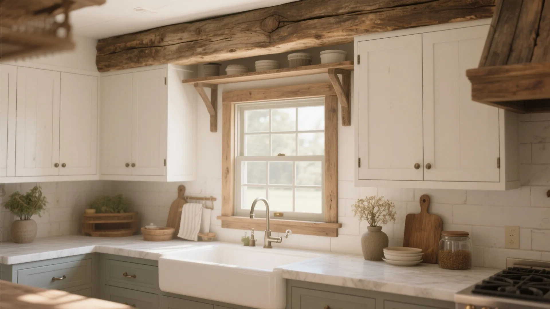Modern farmhouse kitchen featuring large rustic wood beam white cabinets and a classic apron sink