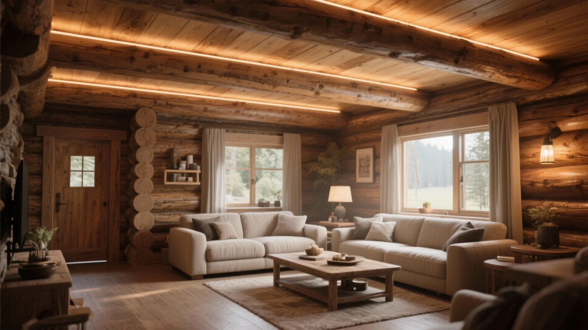 Rustic wooden cabin living room with exposed ceiling beams two sofas and a coffee table