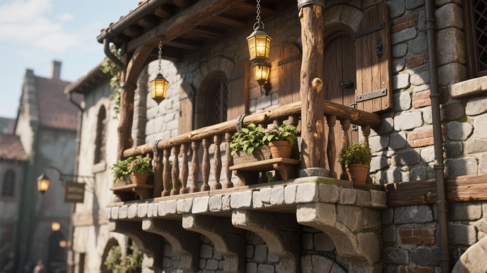 Rustic stone-and-wood balcony with beams