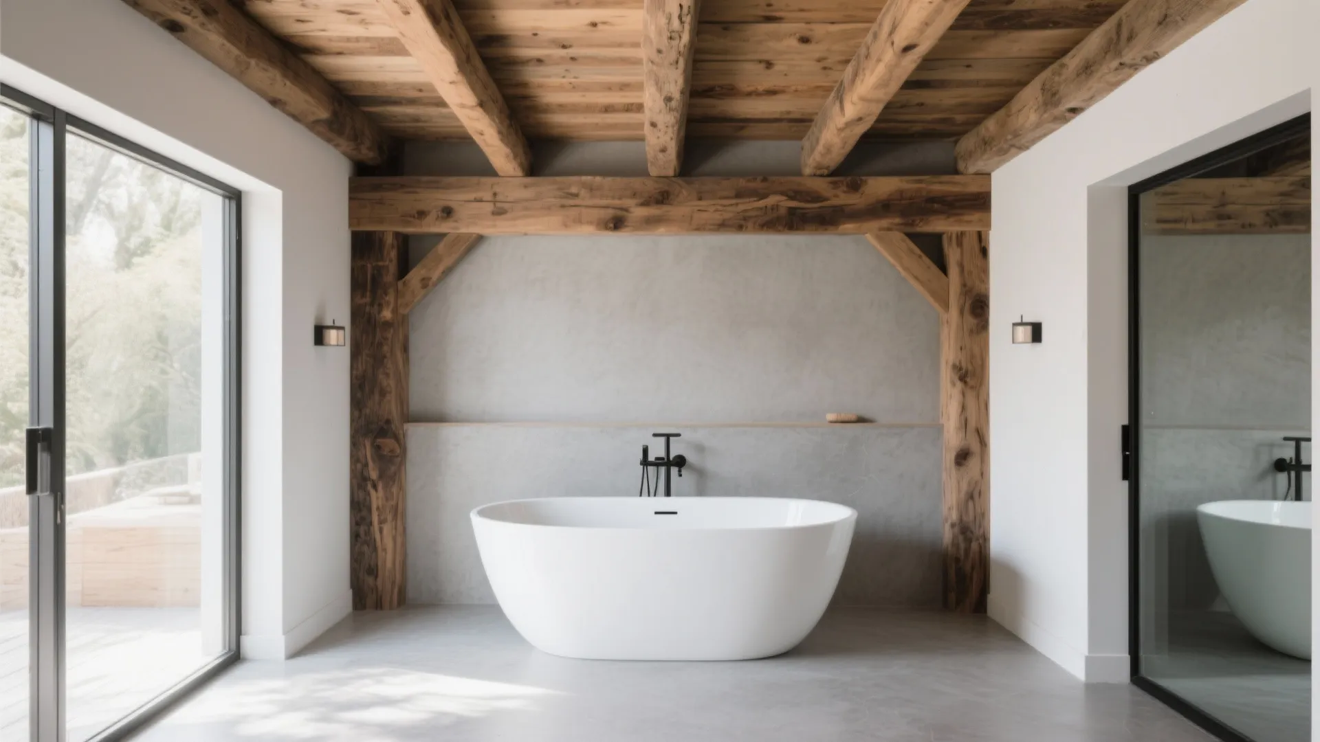 Modern bathroom featuring a white bathtub wooden ceiling beams grey walls and large glass window view