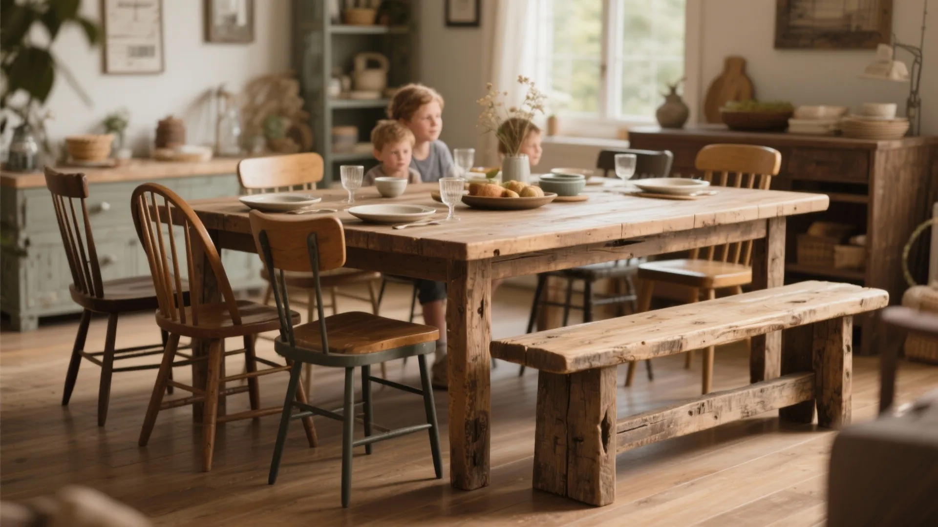 Rustic wooden dining table with a long wooden bench and mismatched chairs in a kitchen