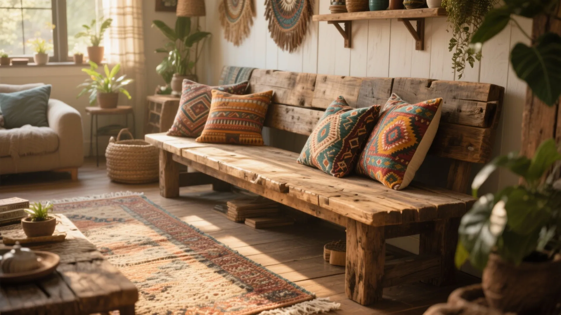 3. Rustic Wooden Bench with Throw Pillows