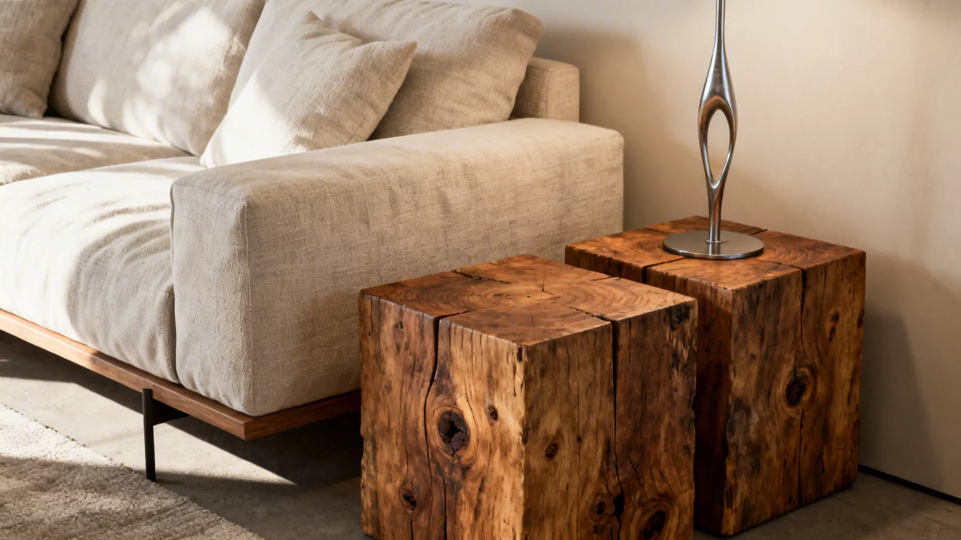 Chunky rustic block-style wooden end tables acting as sculptural accents next to a sofa.
