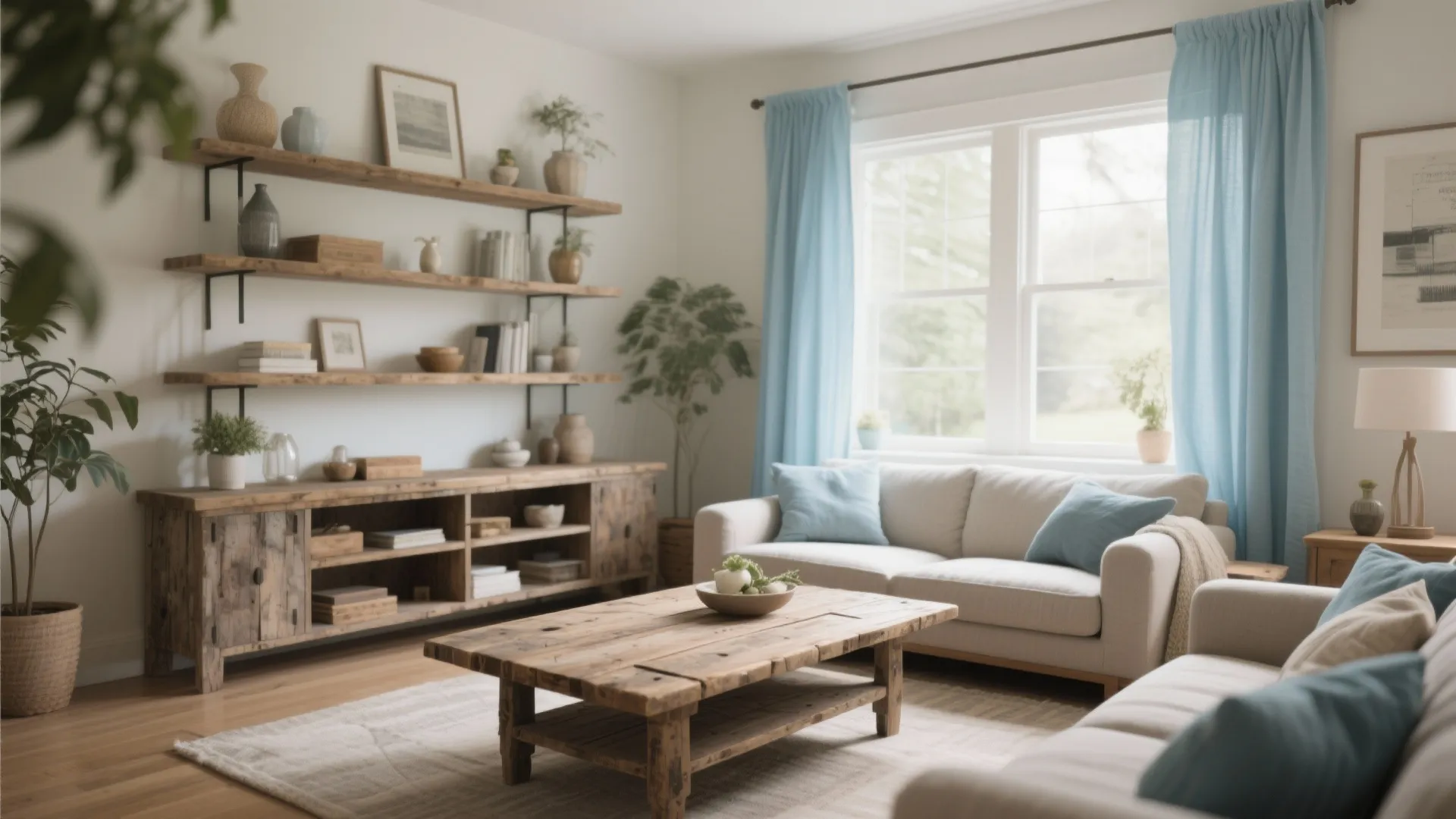 7. Rustic Wood with Sky Blue Curtains