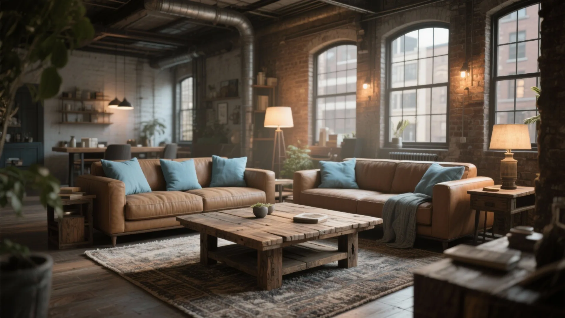Industrial loft living room with brick walls, brown leather sofas, wooden coffee table, metal pipes