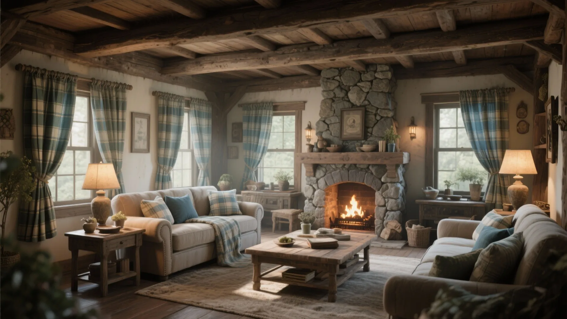 9. Rustic Comfort with Blue-Green Plaids