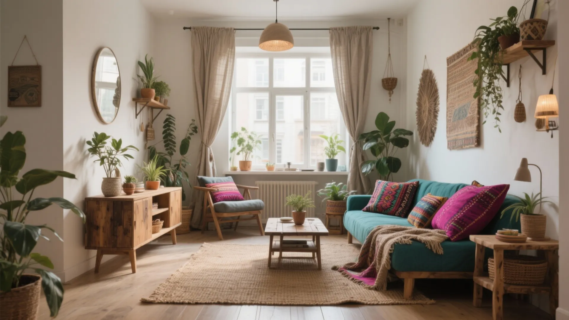 Bright bohemian living room featuring teal sofa wooden cabinet many indoor plants and natural window light