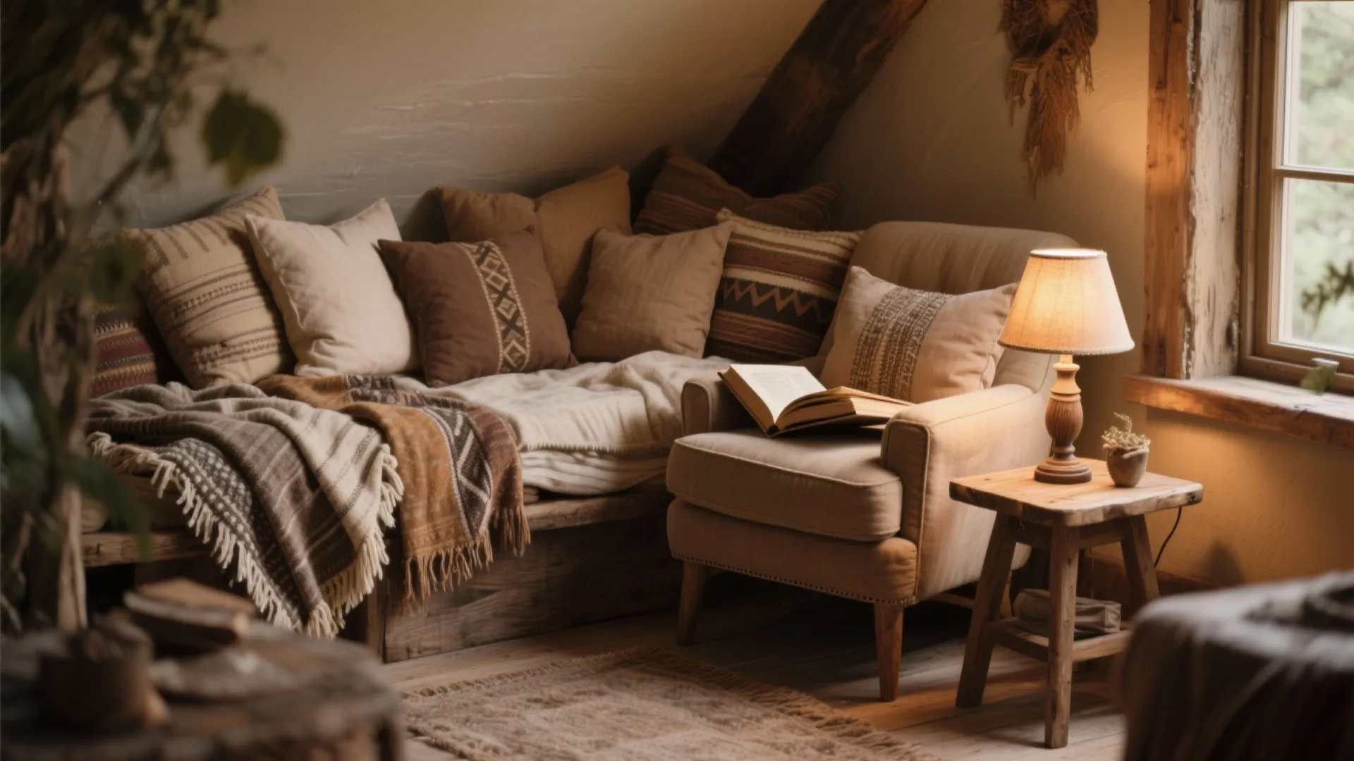 Cozy reading nook featuring beige armchair many pillows blanket open book and small table lamp