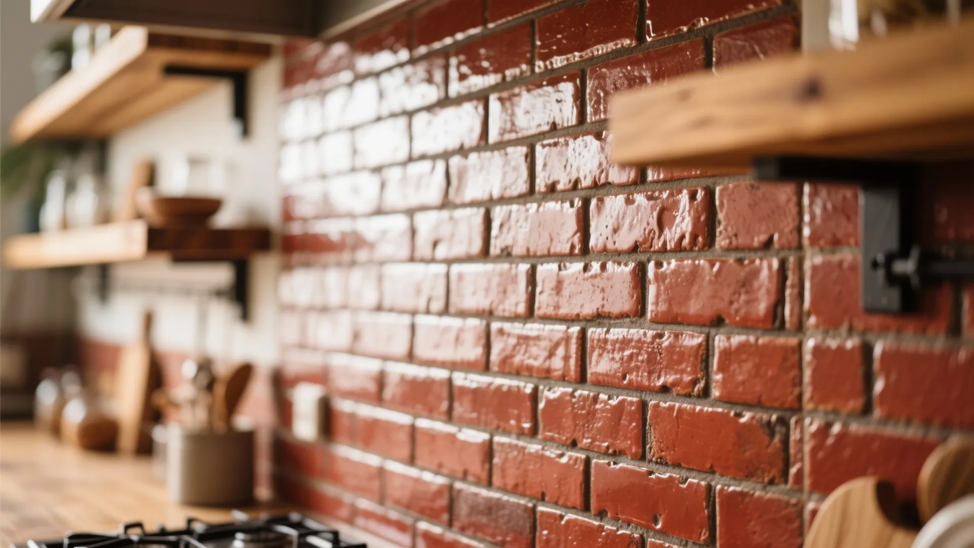Close up of red brick wall in kitchen with wooden shelves black brackets and kitchen tools
