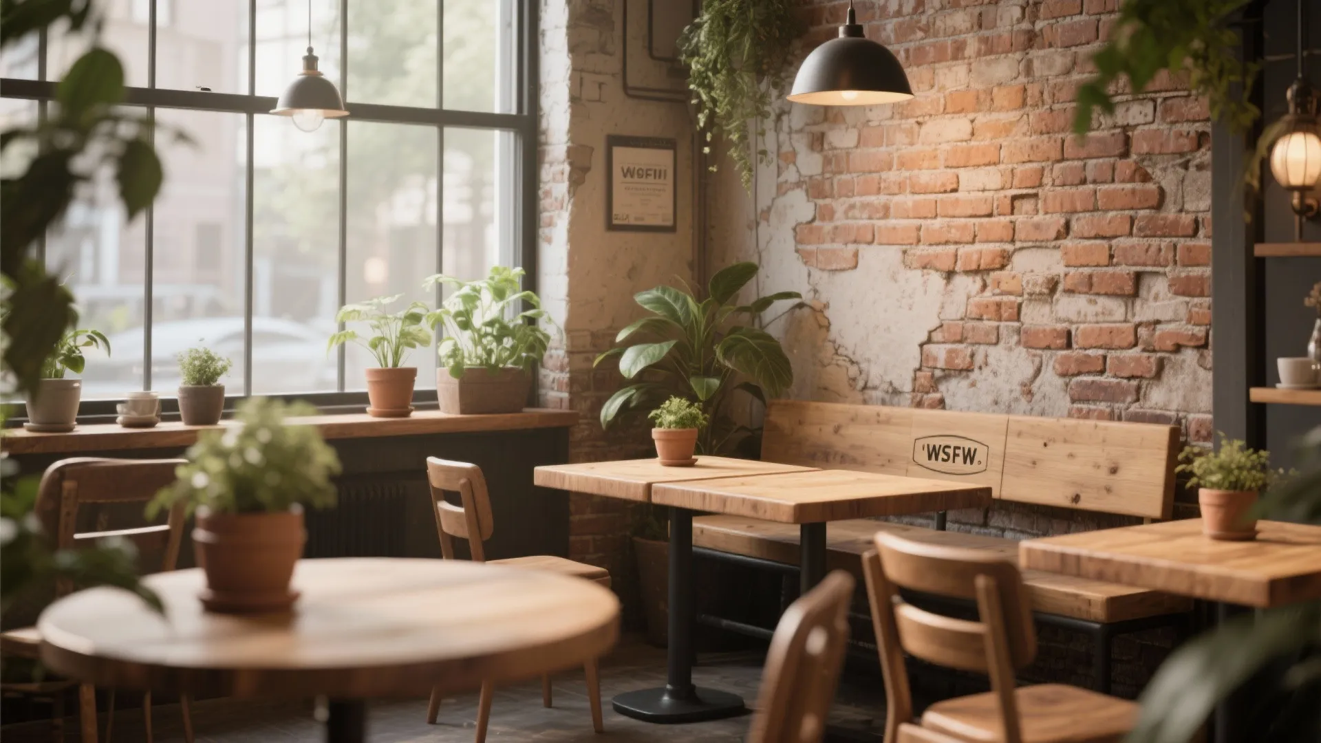 Rustic cafe interior featuring red brick wall wood tables black ceiling lights and green potted plants