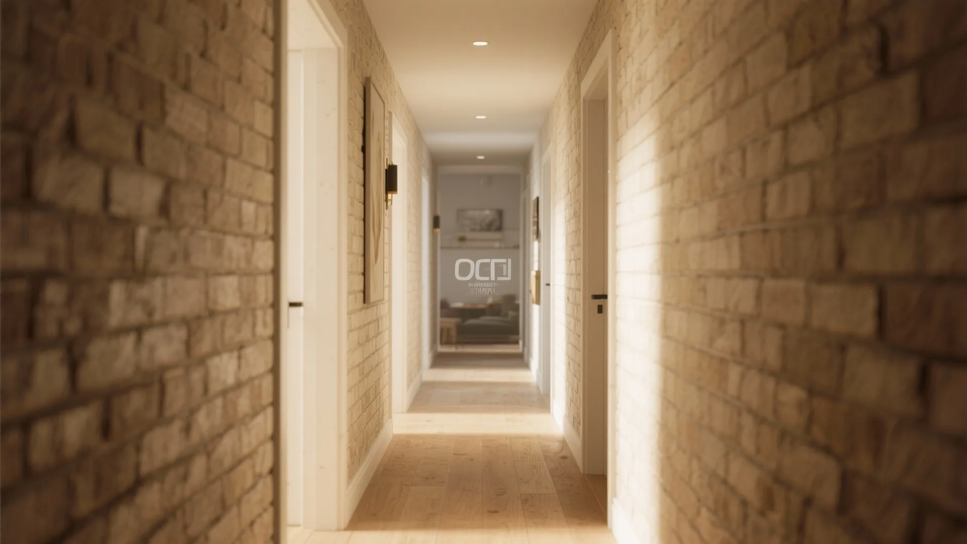 Rustic hallway with light brown brick walls, wooden floor, white doors, and warm ceiling lights