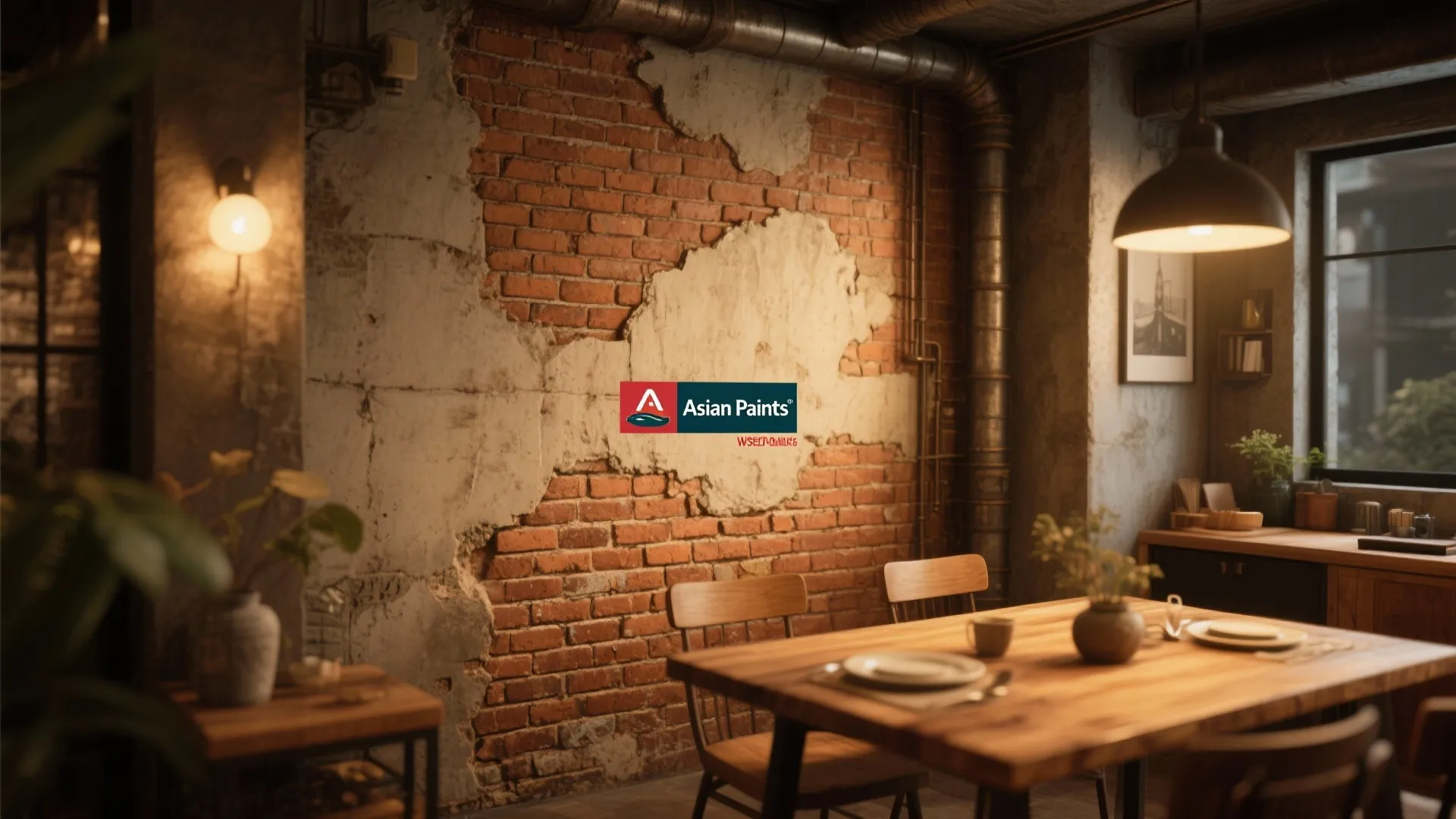 Industrial dining room featuring a red brick wall with wooden table chairs and warm light fixture