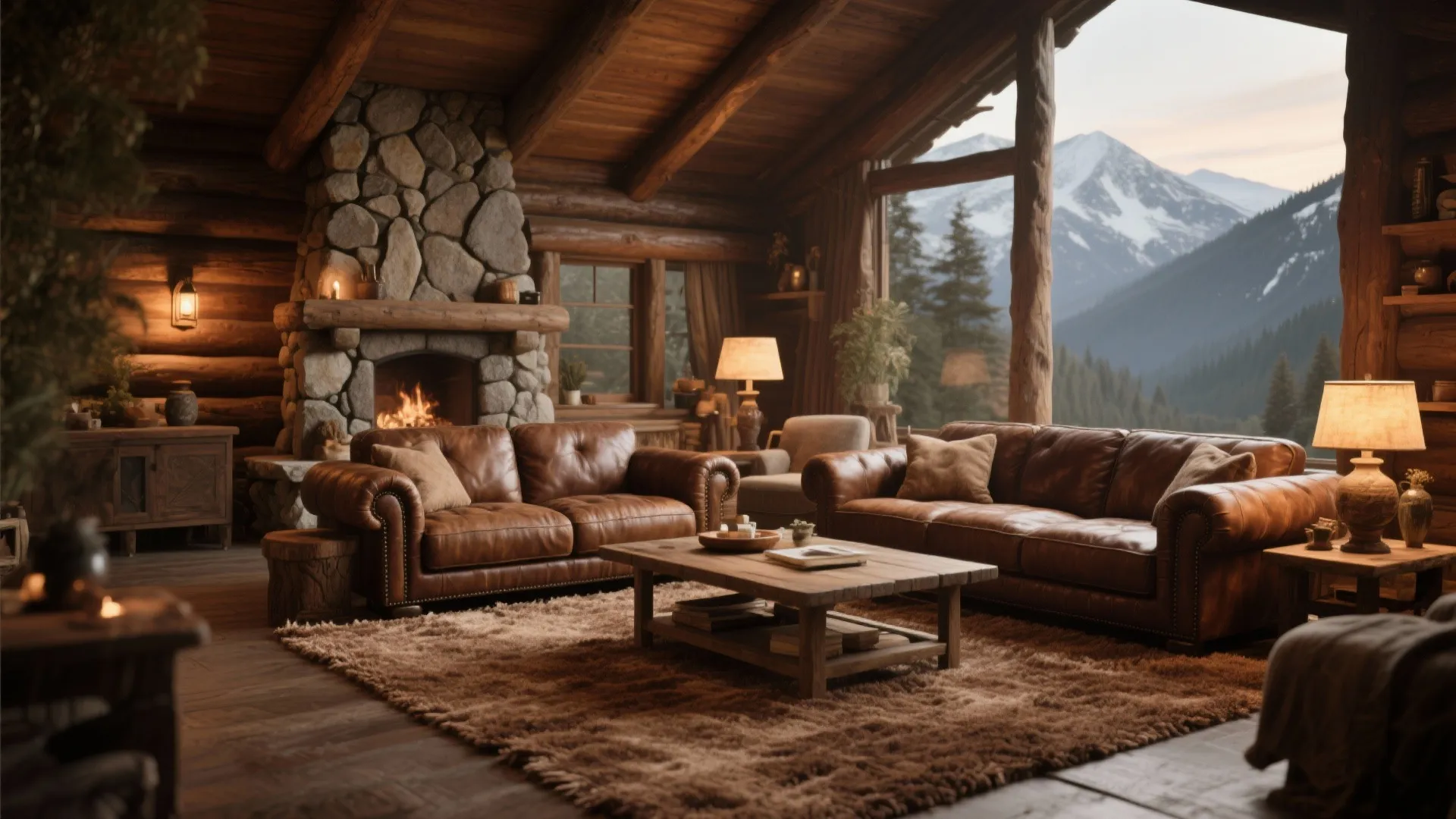 Rustic living room with brown carpet and leather sofas