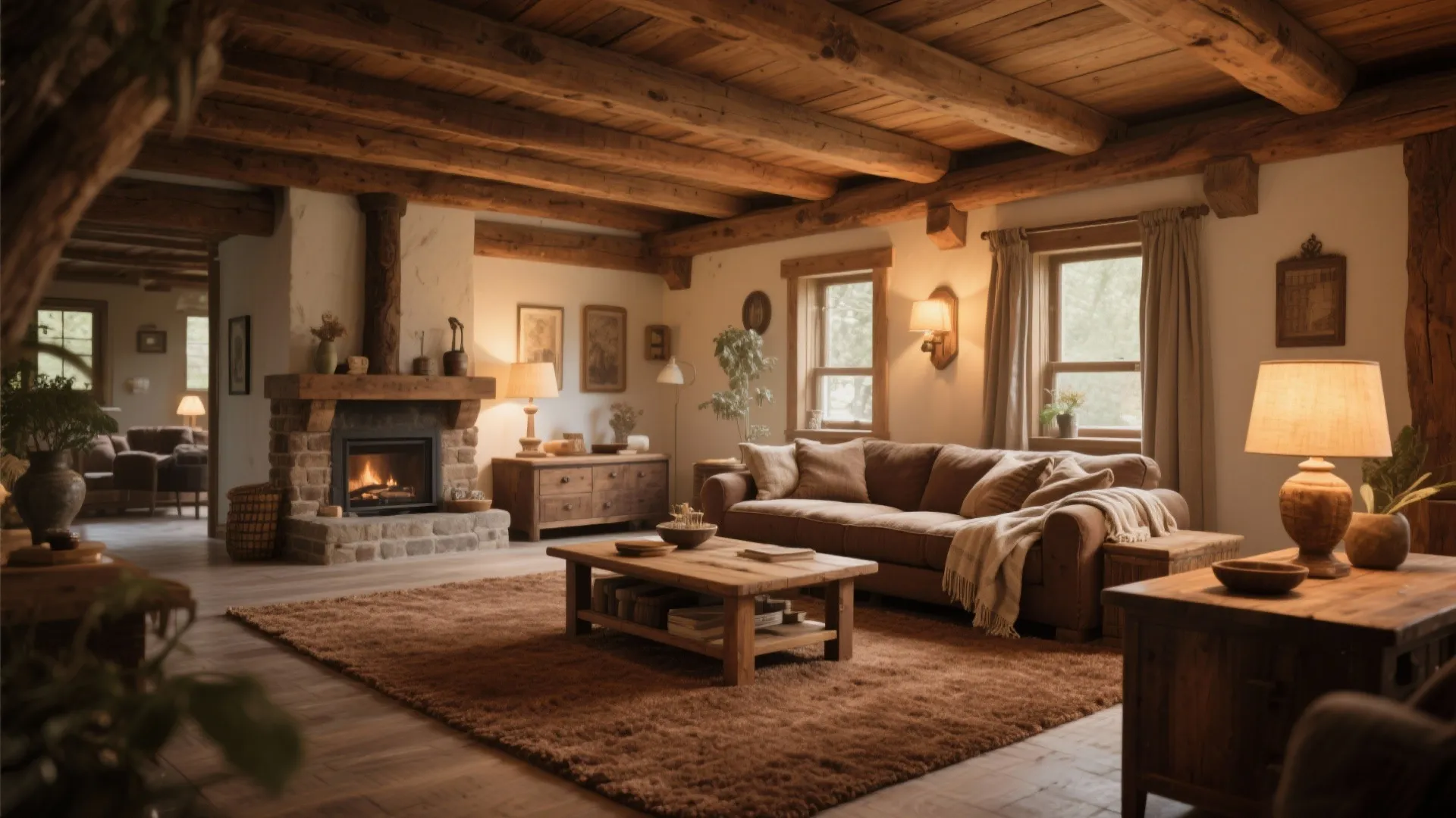 Rustic living room with brown carpet and wooden accents