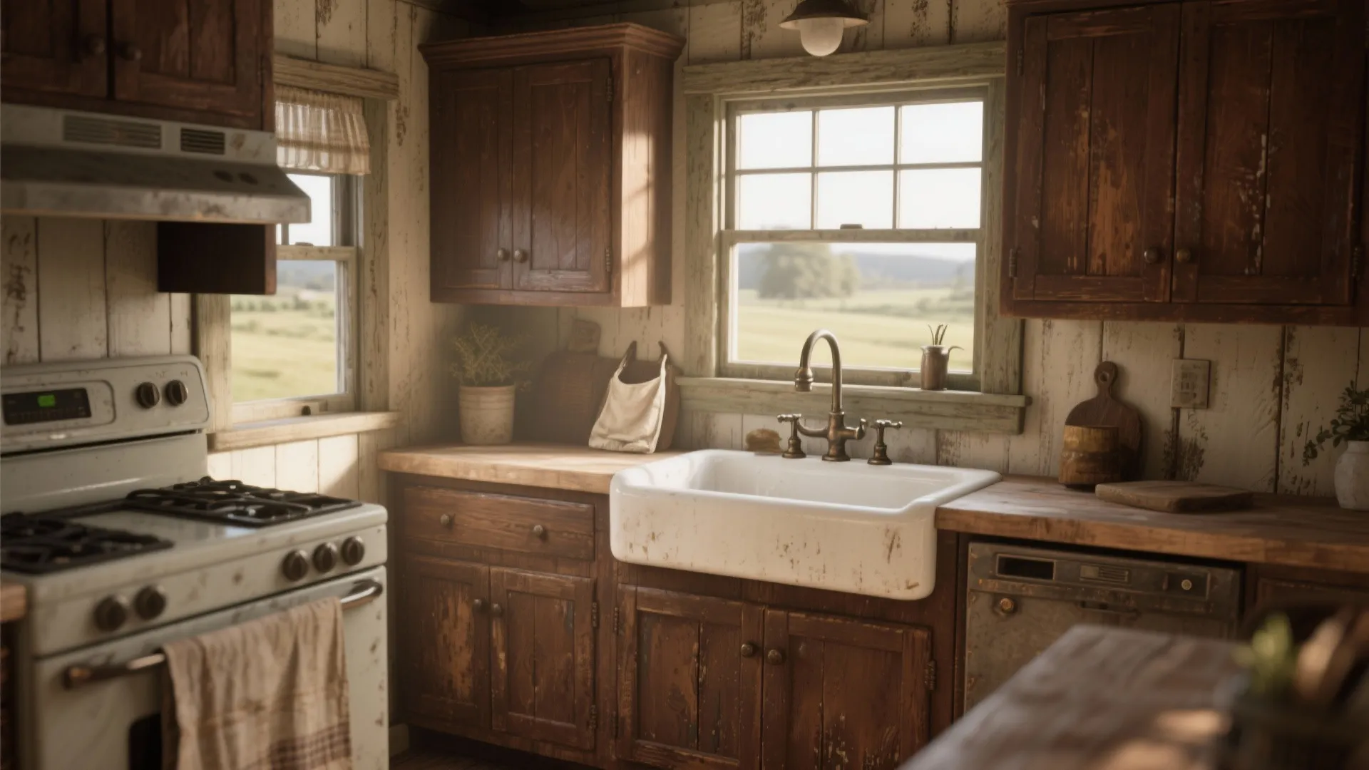 Rustic wooden kitchen with white sink brown cabinets old stove and view through two windows